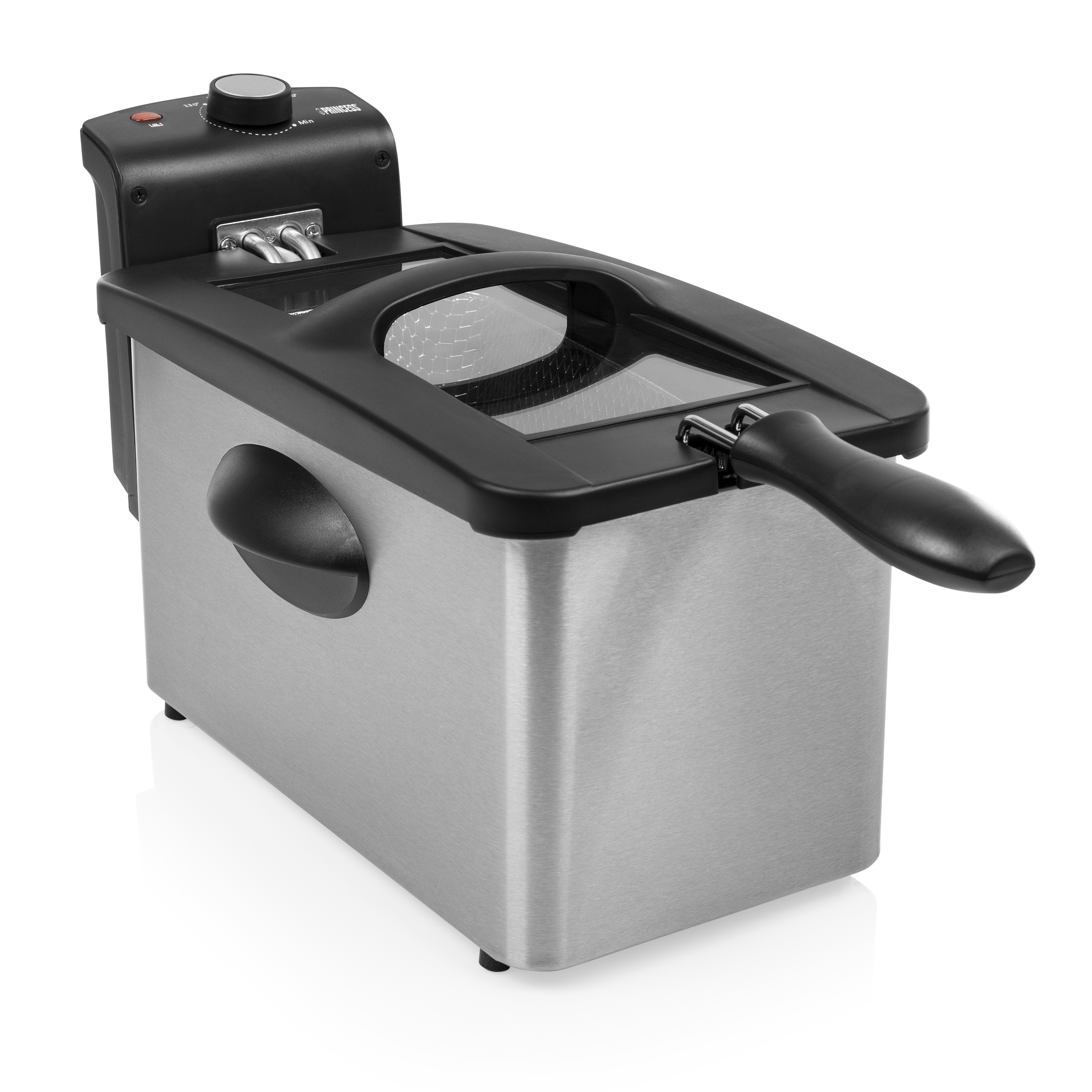Frytownica ze stali nierdzewnej z czarną pokrywą i uchwytem na białym tle.