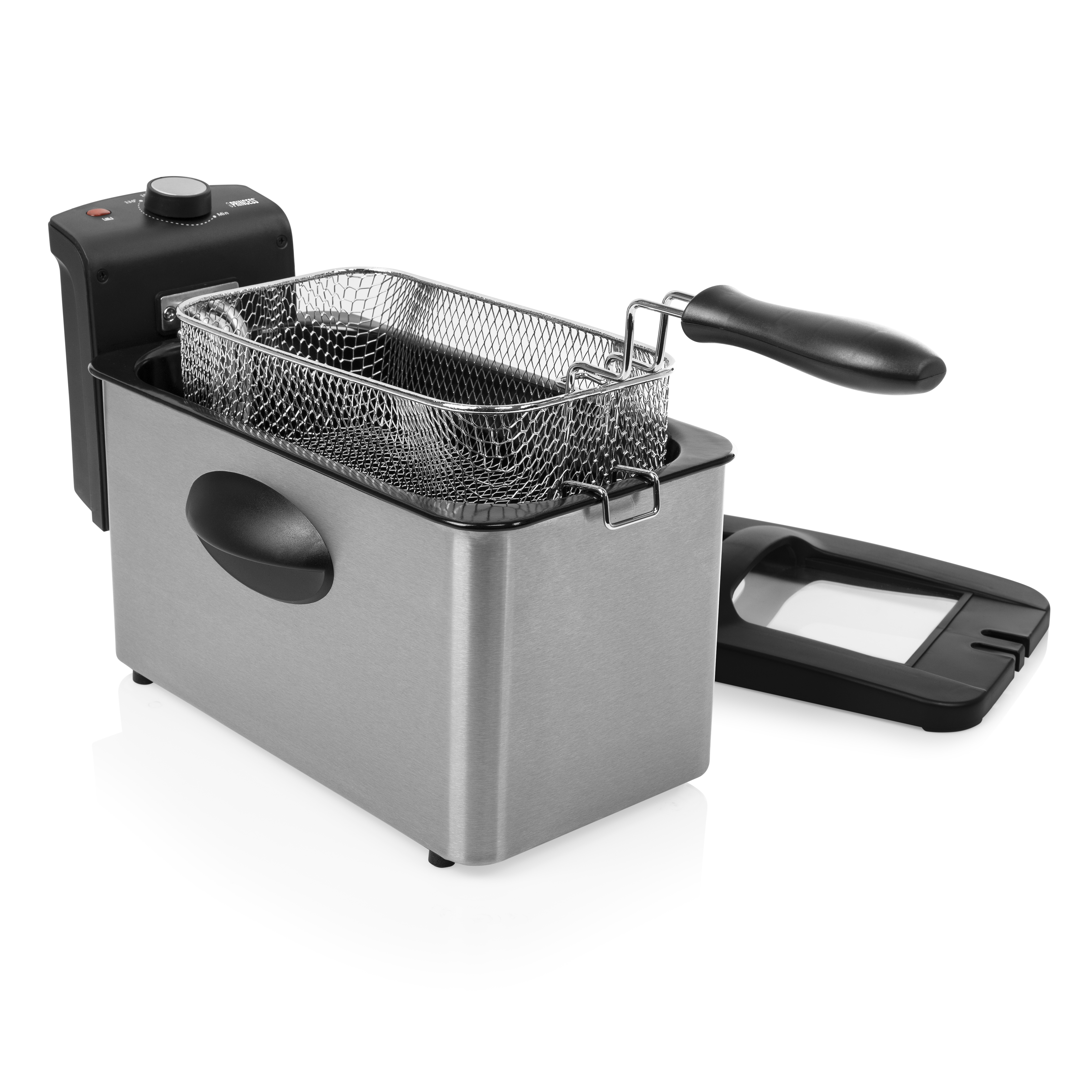 Frytownica z koszem w środku. Pokrywa otwarta, obudowa srebrna.