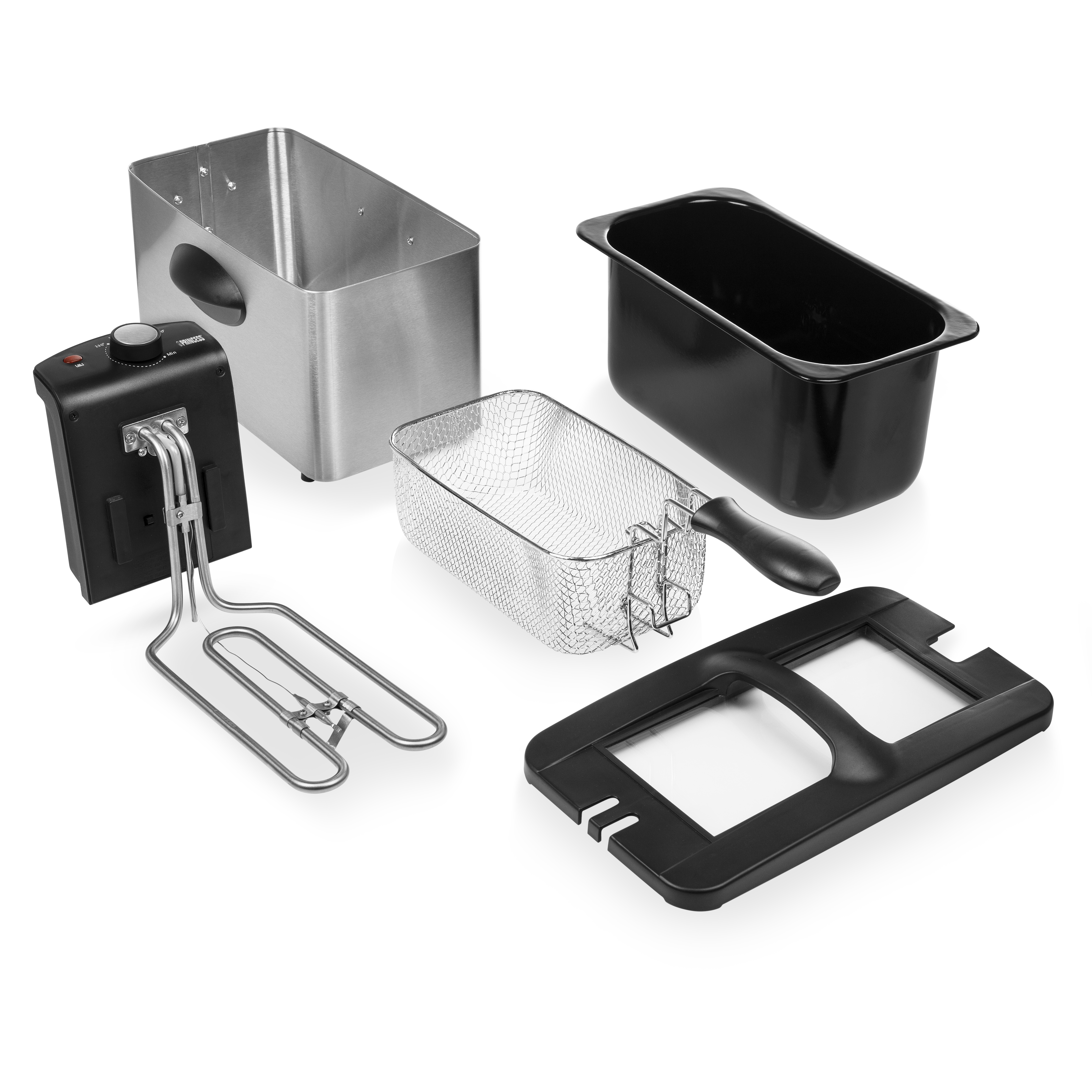 Rozłożone elementy frytkownicy: element grzejny, kosz, pojemnik i inne.