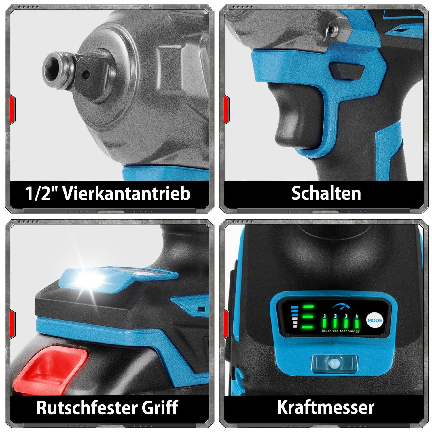 Nahaufnahmen eines Elektrowerkzeugs: Vierkantantrieb, Schalter, rutschfester Griff und ein Leistungsmesser.