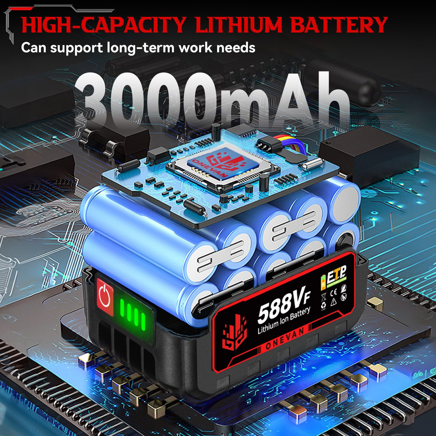 Lithium-Batterie mit 3000mAh und LED-Anzeige auf einer Platine. Die Batterie ist schwarz mit roten und grünen Akzenten.