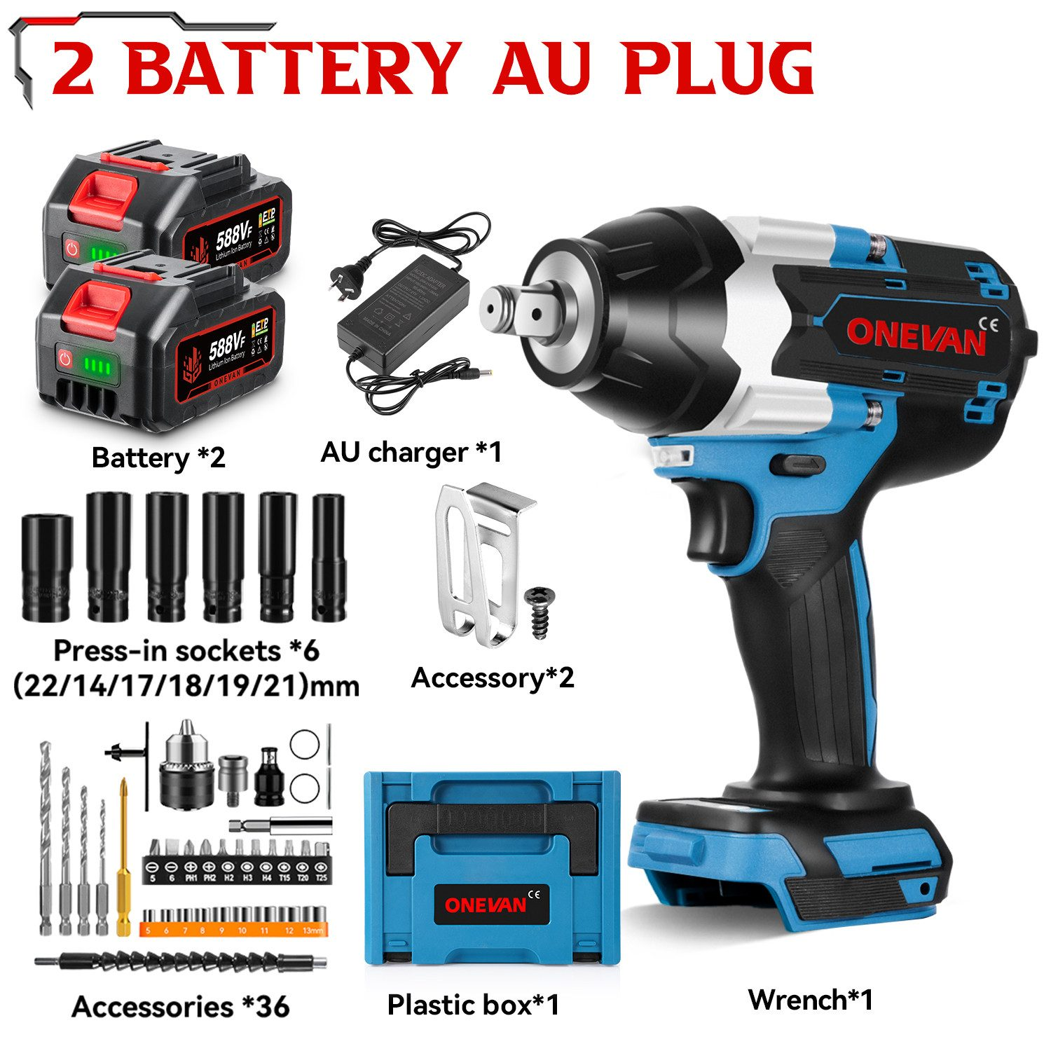 Elektrowerkzeug-Set mit zwei Batterien, AU-Stecker, Steckdosen, Zubehör und Kunststoffbox. Onevan-Marke, schwarz-blau.