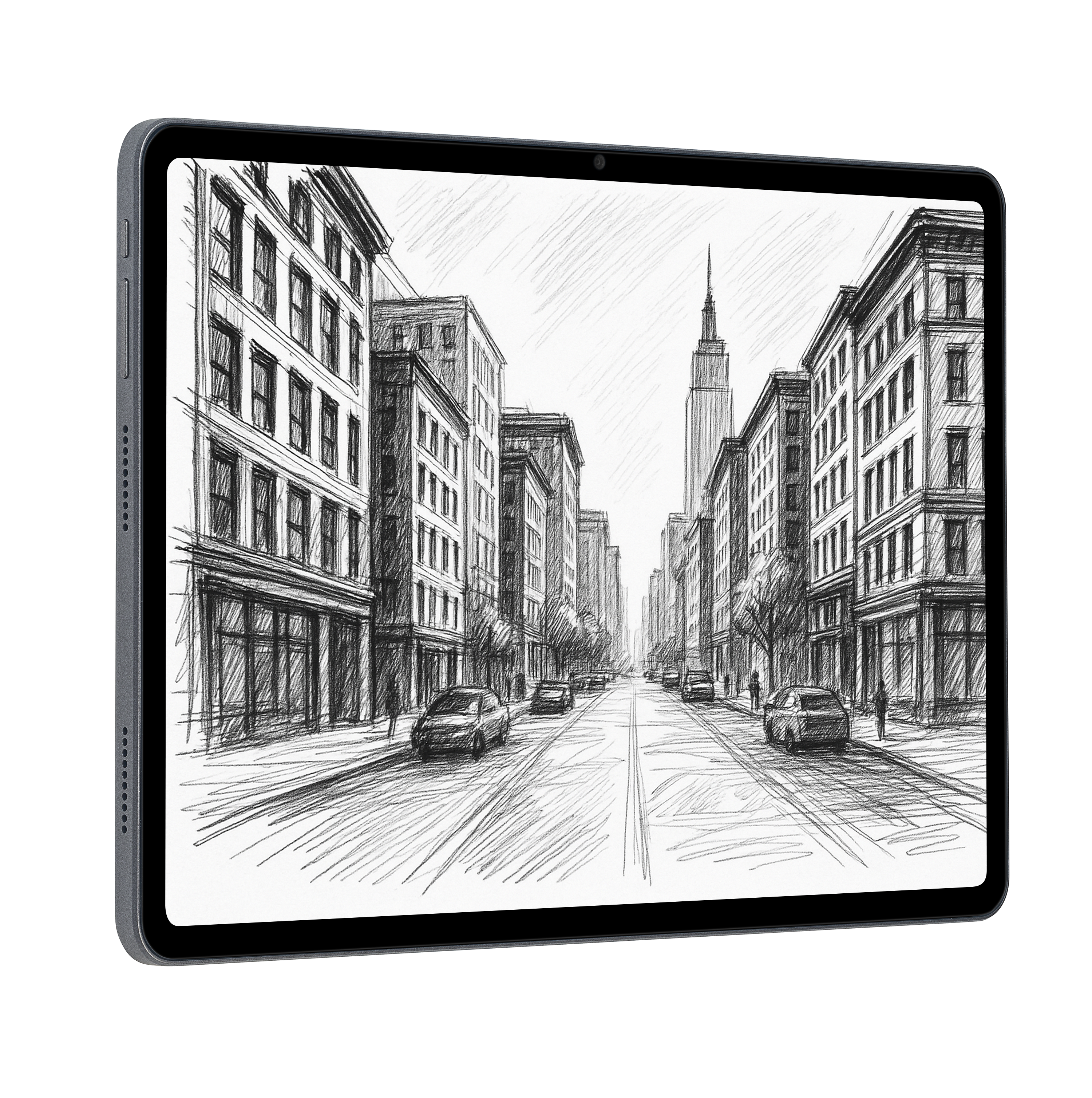 Bleistiftskizze einer Stadtstraßenszene, betrachtet auf einem Tablet. Gebäude säumen beide Straßenseiten, mit Autos und dem Empire State Building.