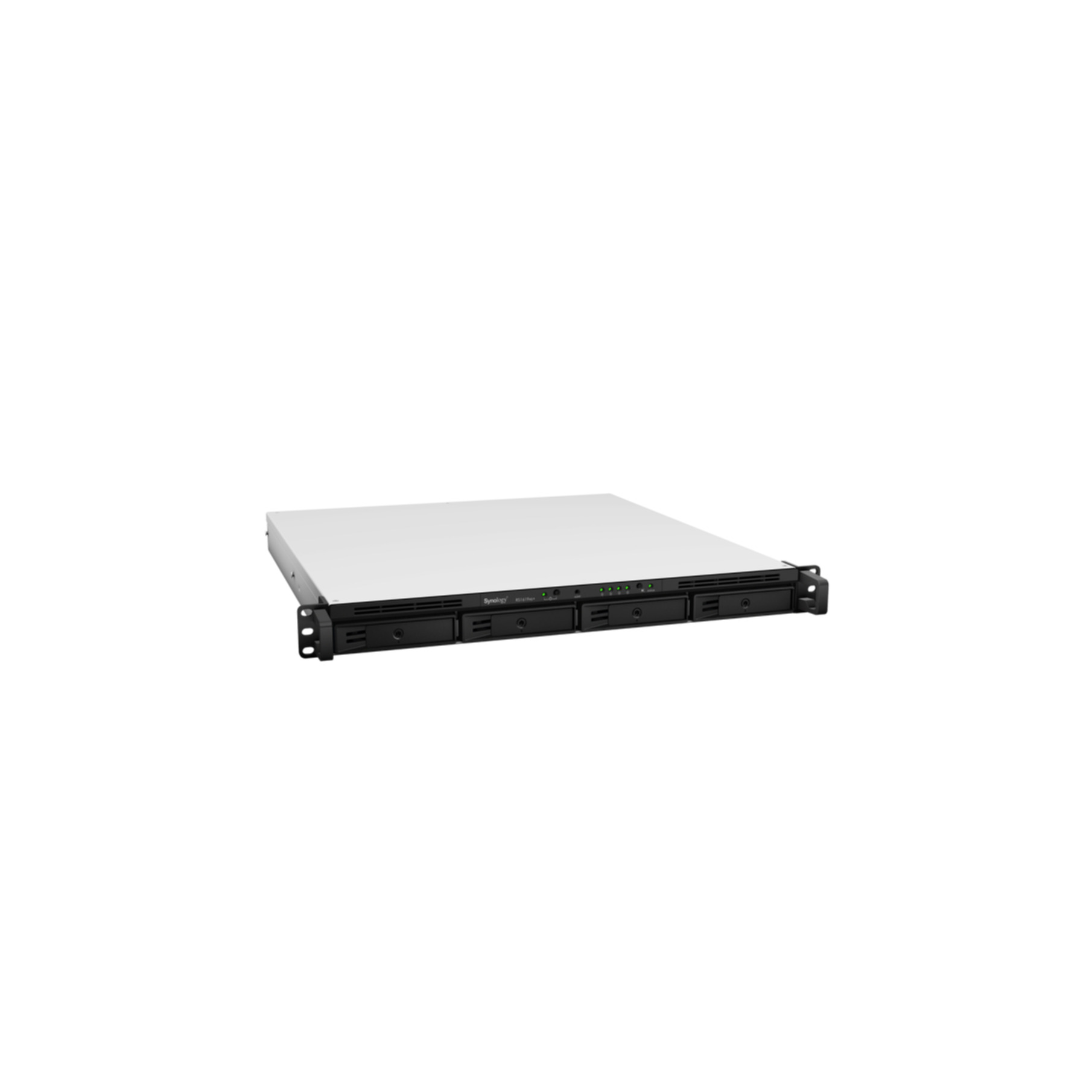 Schwarzer Server mit Synology-Logo, mehreren Laufwerksschächten, weißer Hintergrund.
