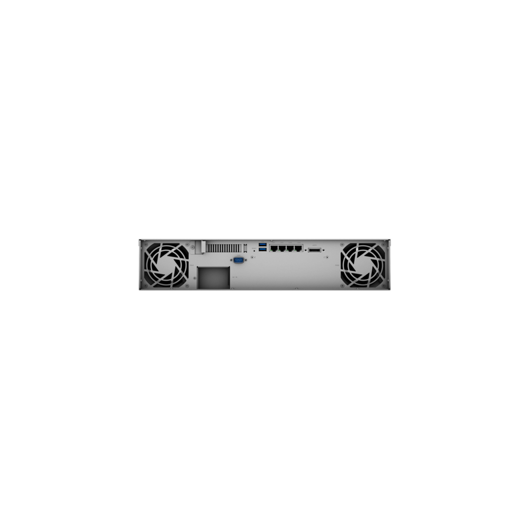 Un serveur informatique argenté avec ventilateurs, ports et connecteurs. Un fond blanc met en valeur les détails.