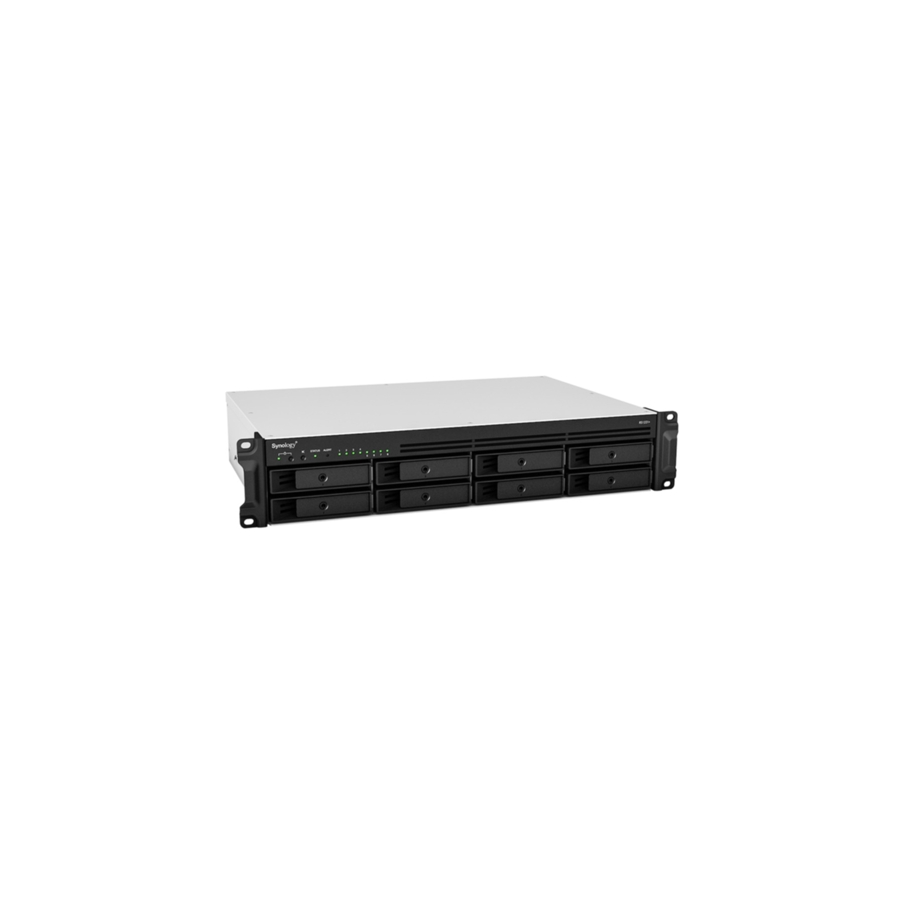 Serveur Synology noir avec plusieurs baies de disque, fond blanc.
