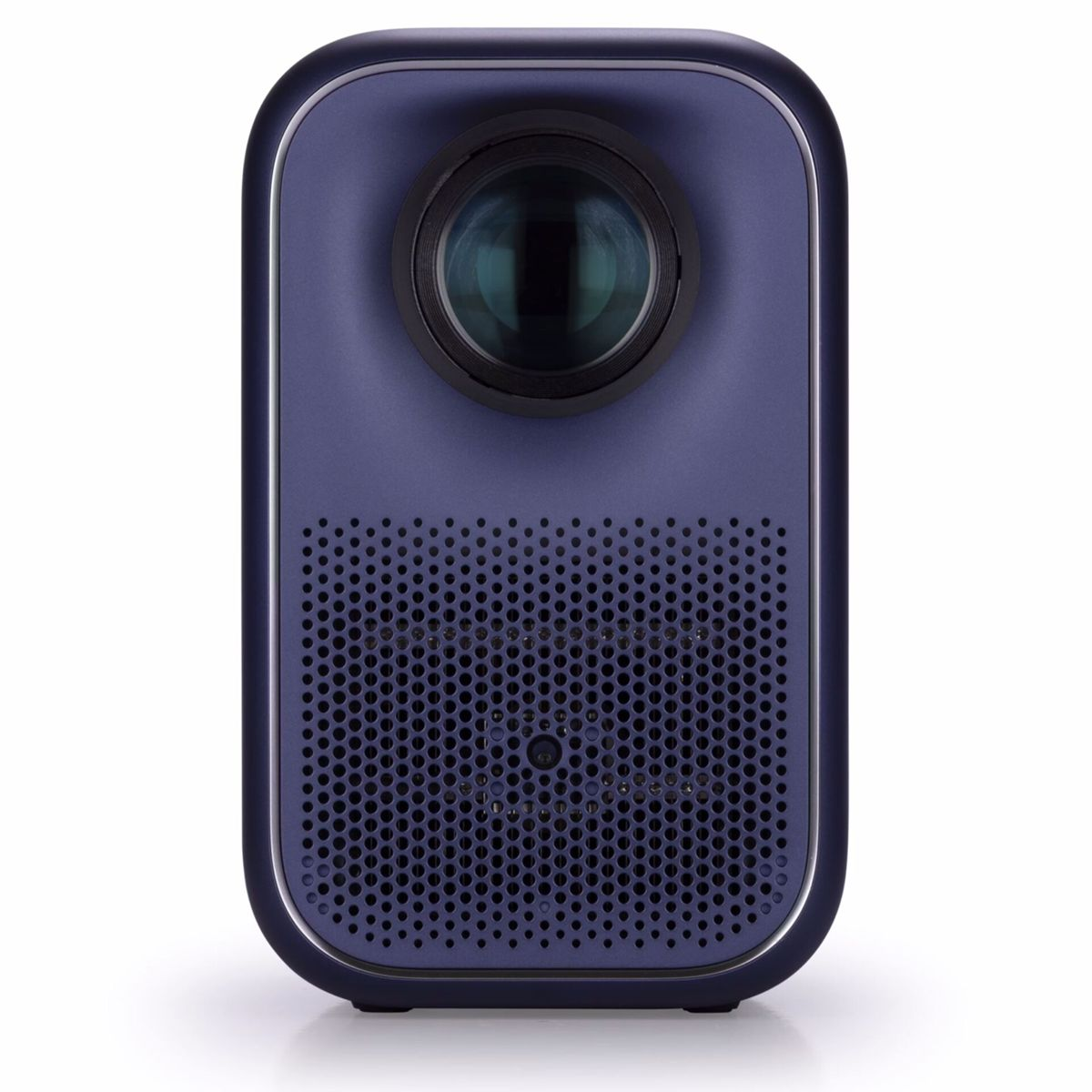 Prostokątny, ciemnoniebieski projektor z obiektywem u góry i perforowanym obszarem głośnika u dołu. Srebrne wykończenia.