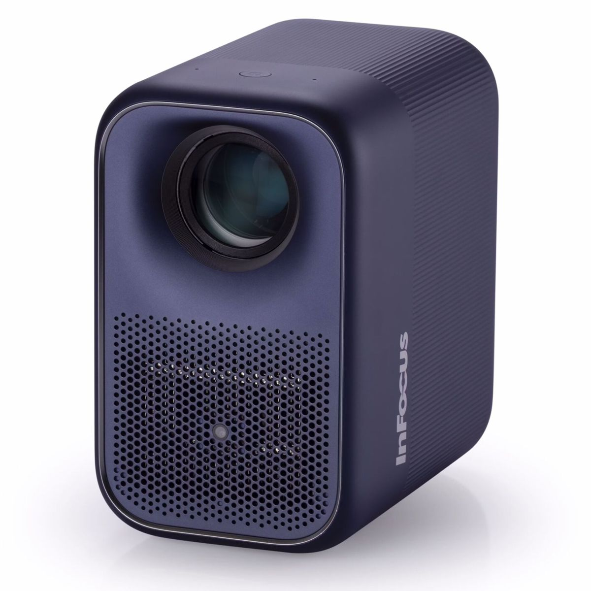 Niebieski projektor InFocus. Widok z przodu z obiektywem i kratką głośnika poniżej. Logo InFocus z boku.
