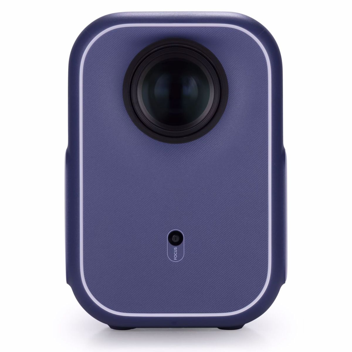 Widok z przodu niebieskiego projektora. Obiektyw i przycisk ostrości. Biała obwódka wokół panelu przedniego.