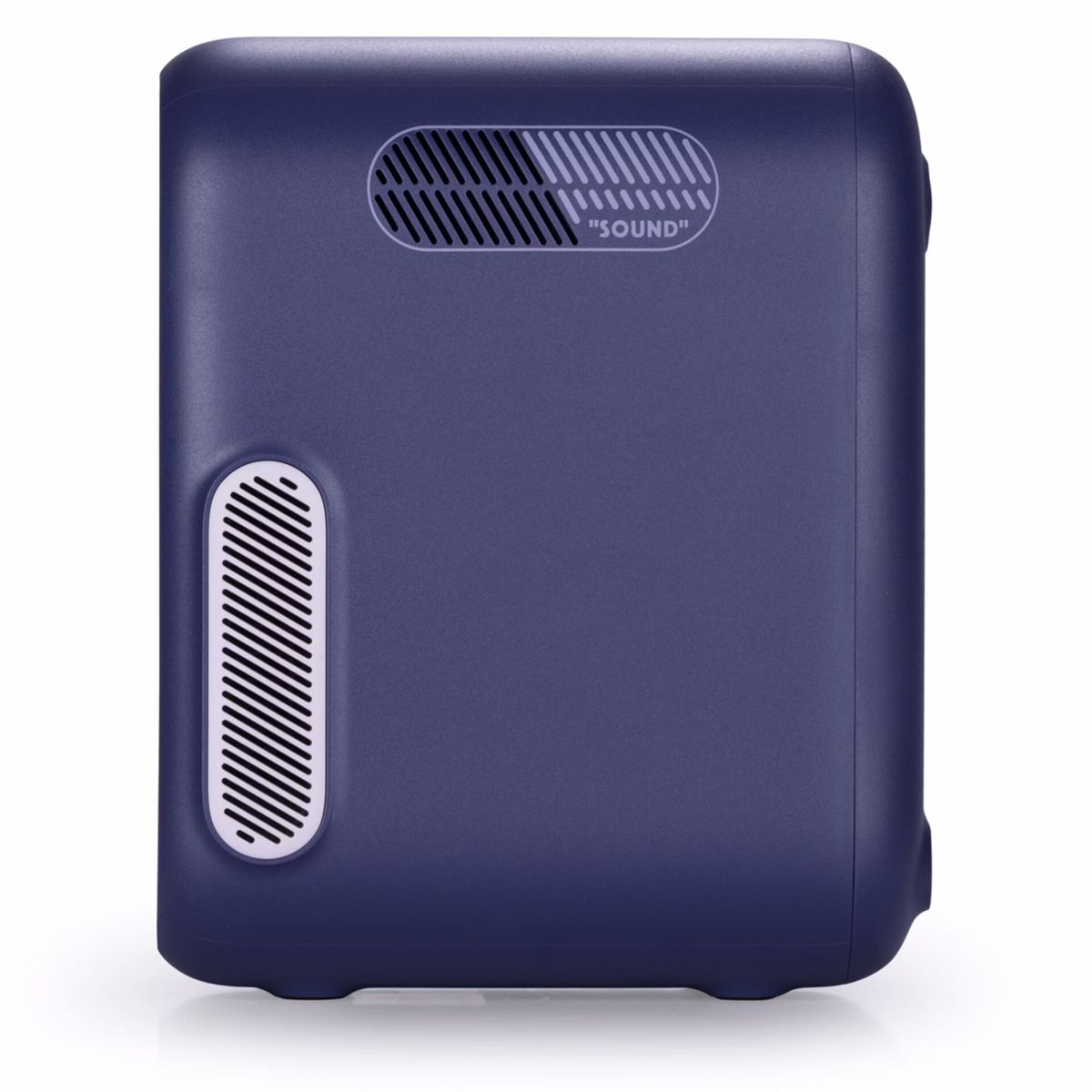 Widok z tyłu niebieskiego projektora. Tekst 'SOUND' i otwór wentylacyjny z tyłu. Otwór wentylacyjny z boku po lewej.