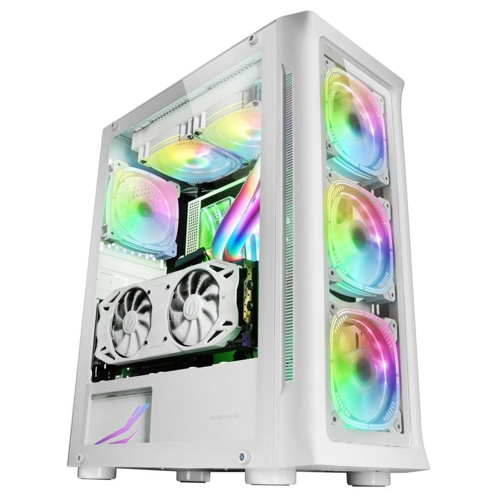 Weißes Computergehäuse mit bunten Lüftern. Innen sind Komponenten zu sehen. Das Gehäuse ist weiß.