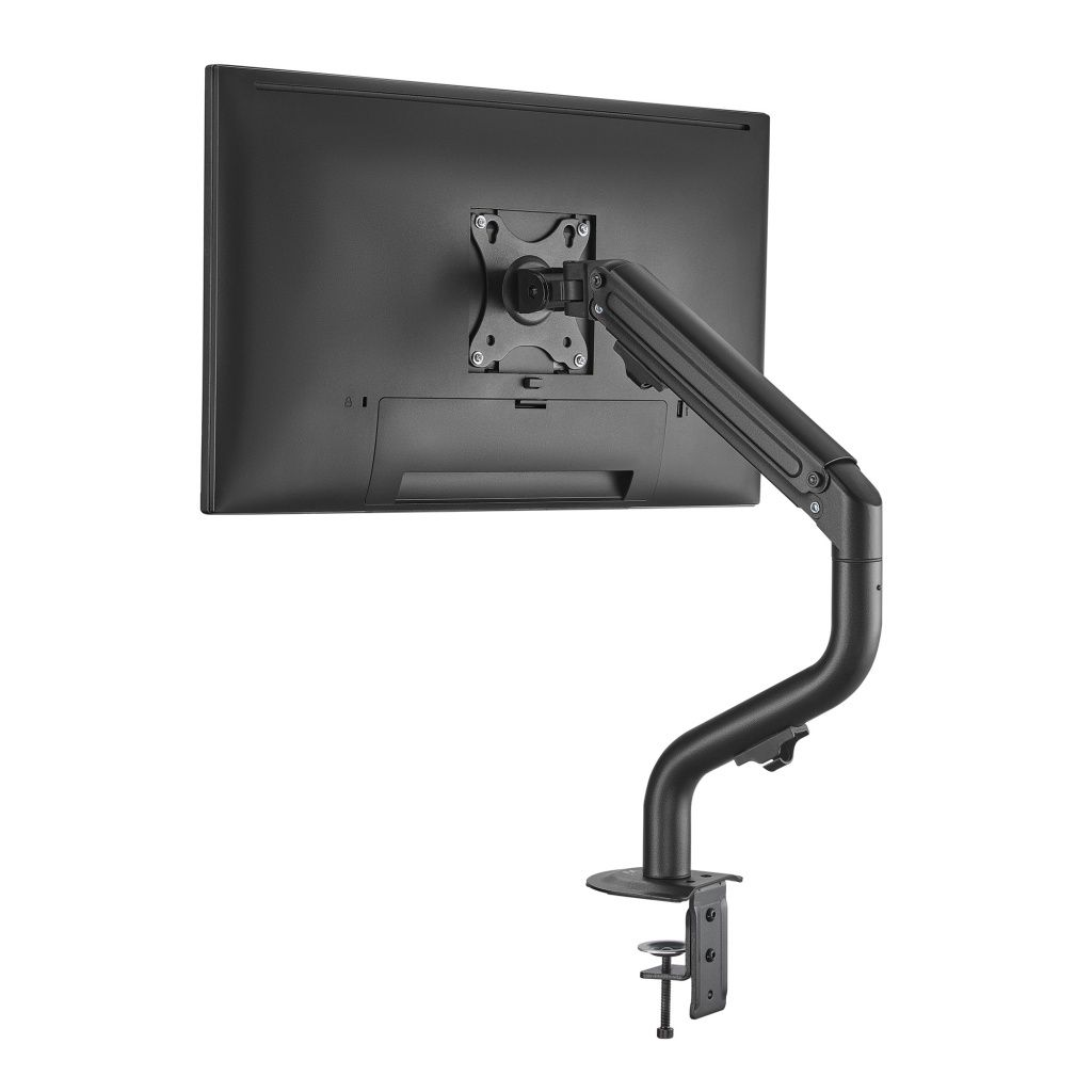 Rückansicht eines schwarzen Computermonitors, montiert auf einem schwarzen, beweglichen Arm. Der Arm ist mit einer Schreibtischklemme verbunden.