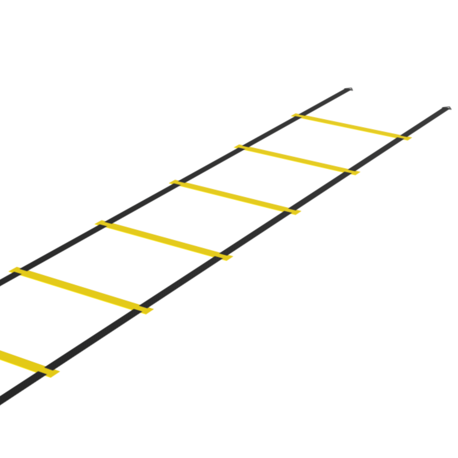 A yellow and black agility ladder is diagonally oriented on a white background.