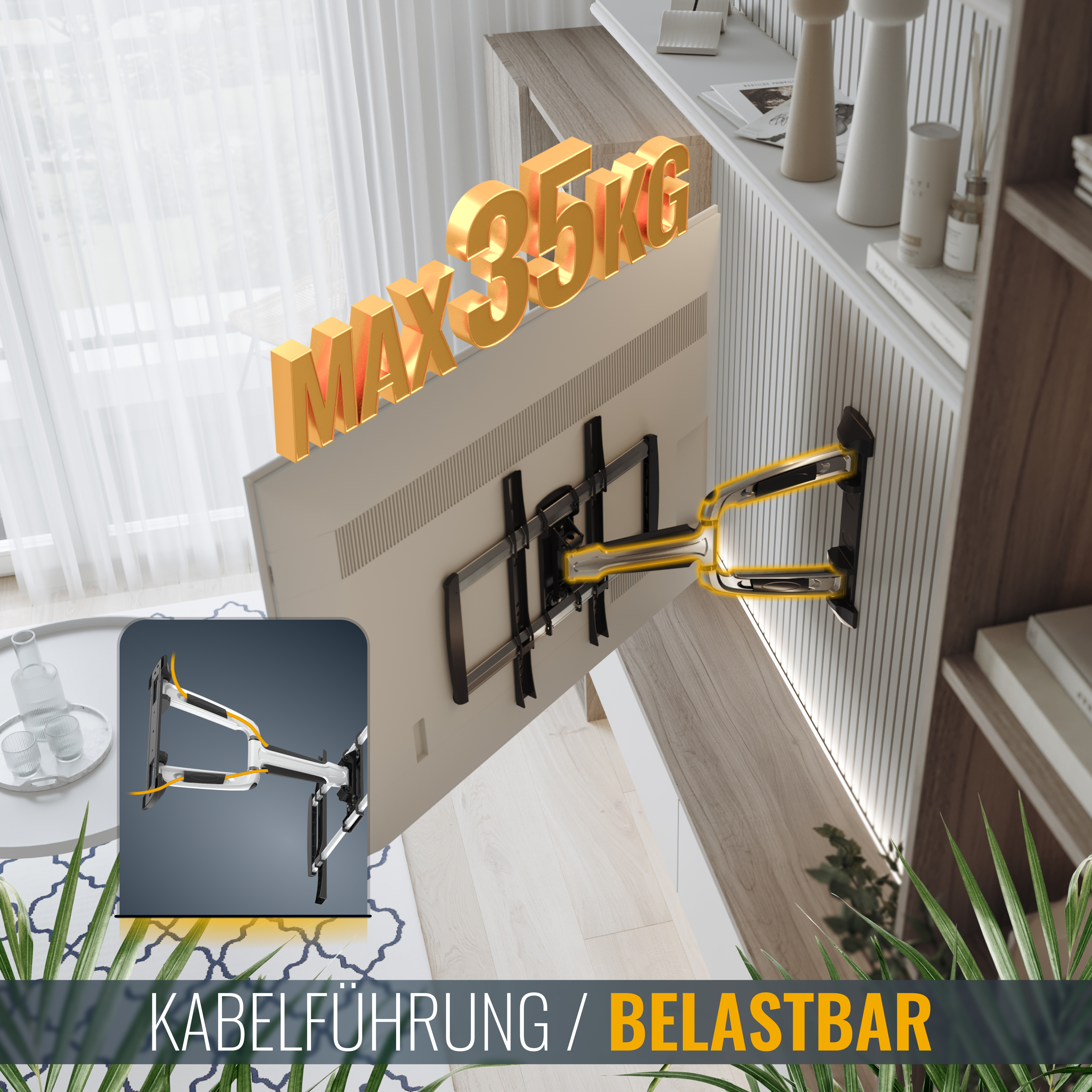 Ein Fernseher an der Wand montiert, mit dem Text MAX 35KG. Hat auch ein kleines inset Bild.