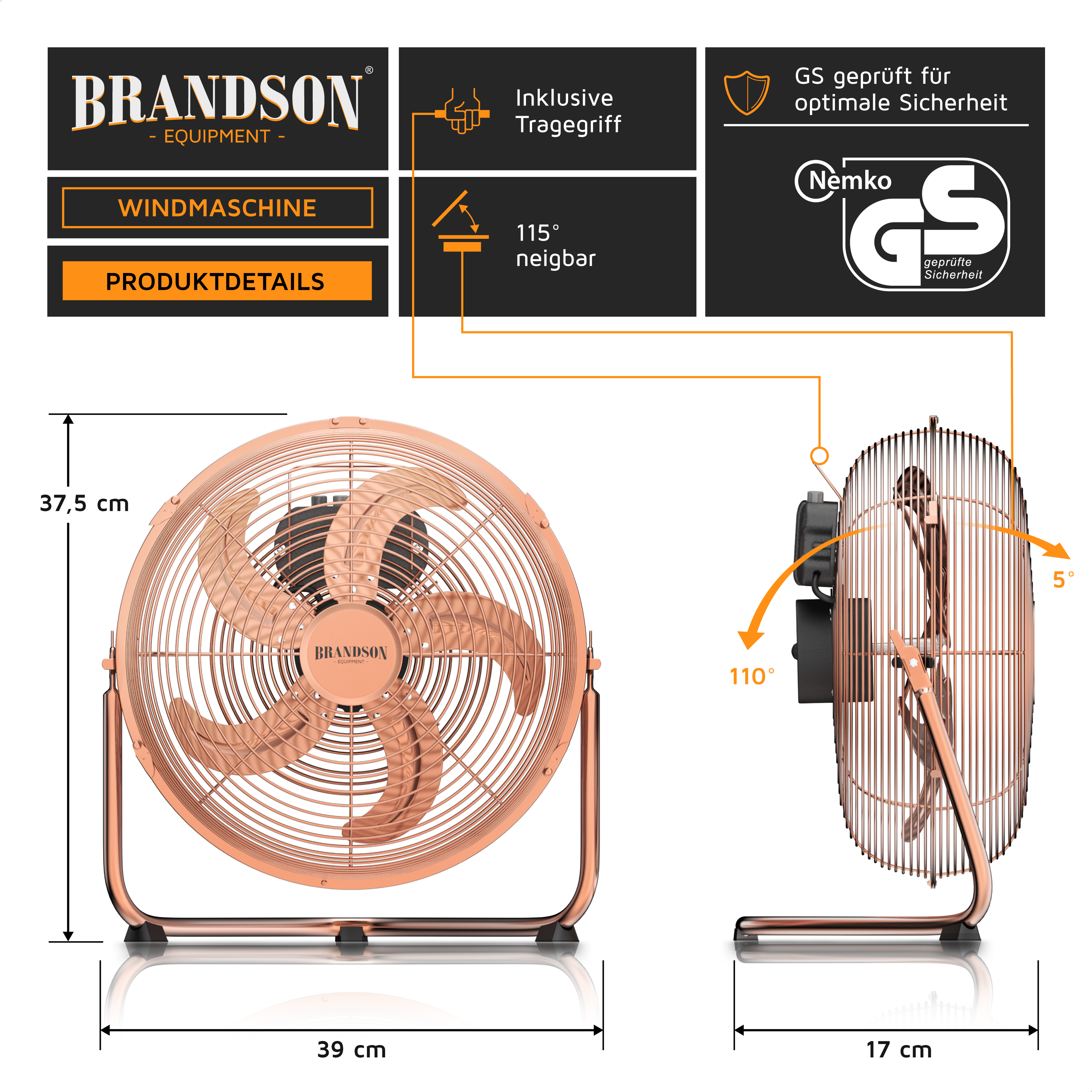 Ein kupferfarbener Ventilator mit Abmessungen und Sicherheitszertifizierungen auf weißem Hintergrund.