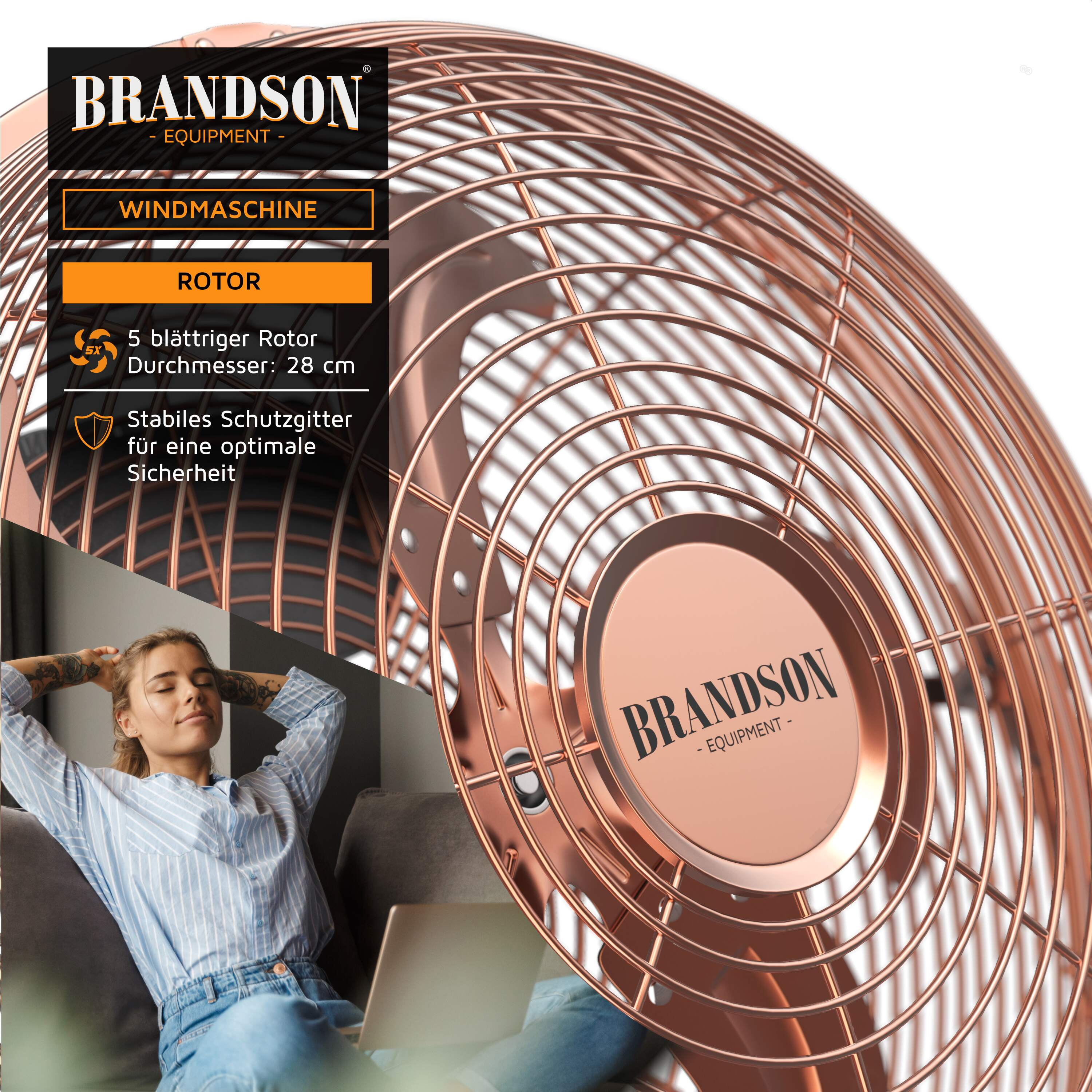 Eine Frau entspannt sich in der Nähe eines Kupferventilators mit Produktdetails auf der linken Seite.