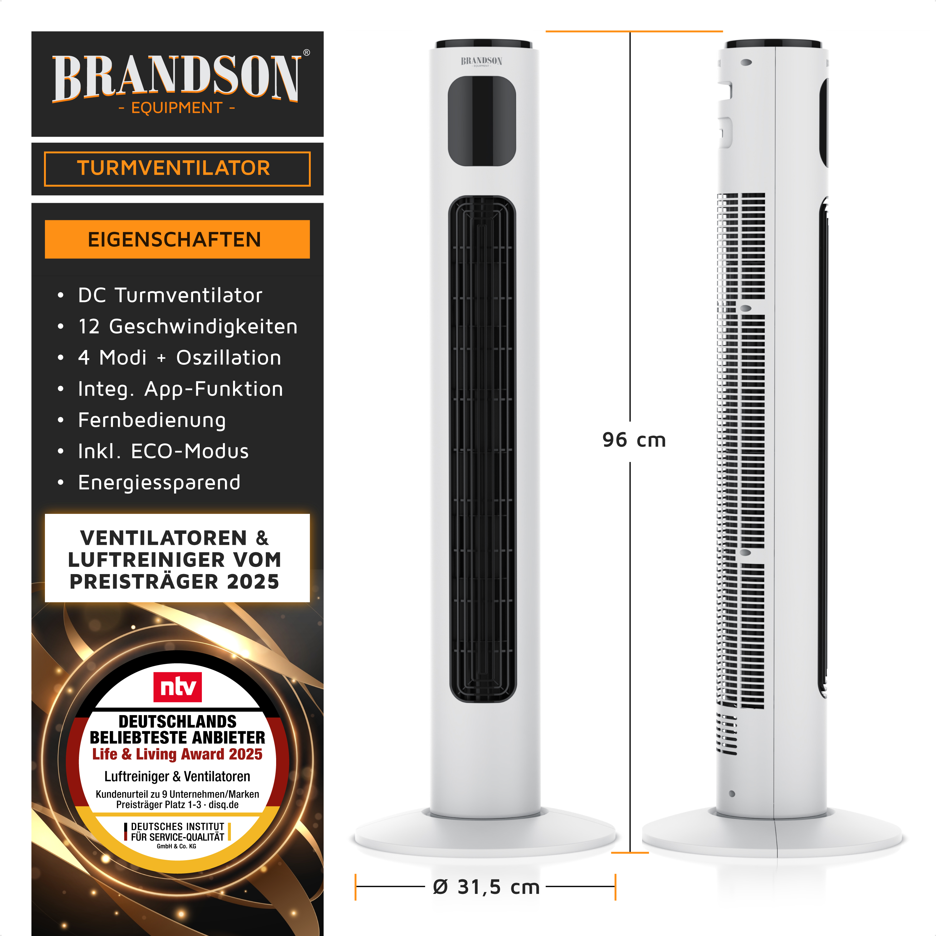 Ein weißer Turmventilator mit Produktmerkmalen und Auszeichnungsabzeichen auf weißem Hintergrund.