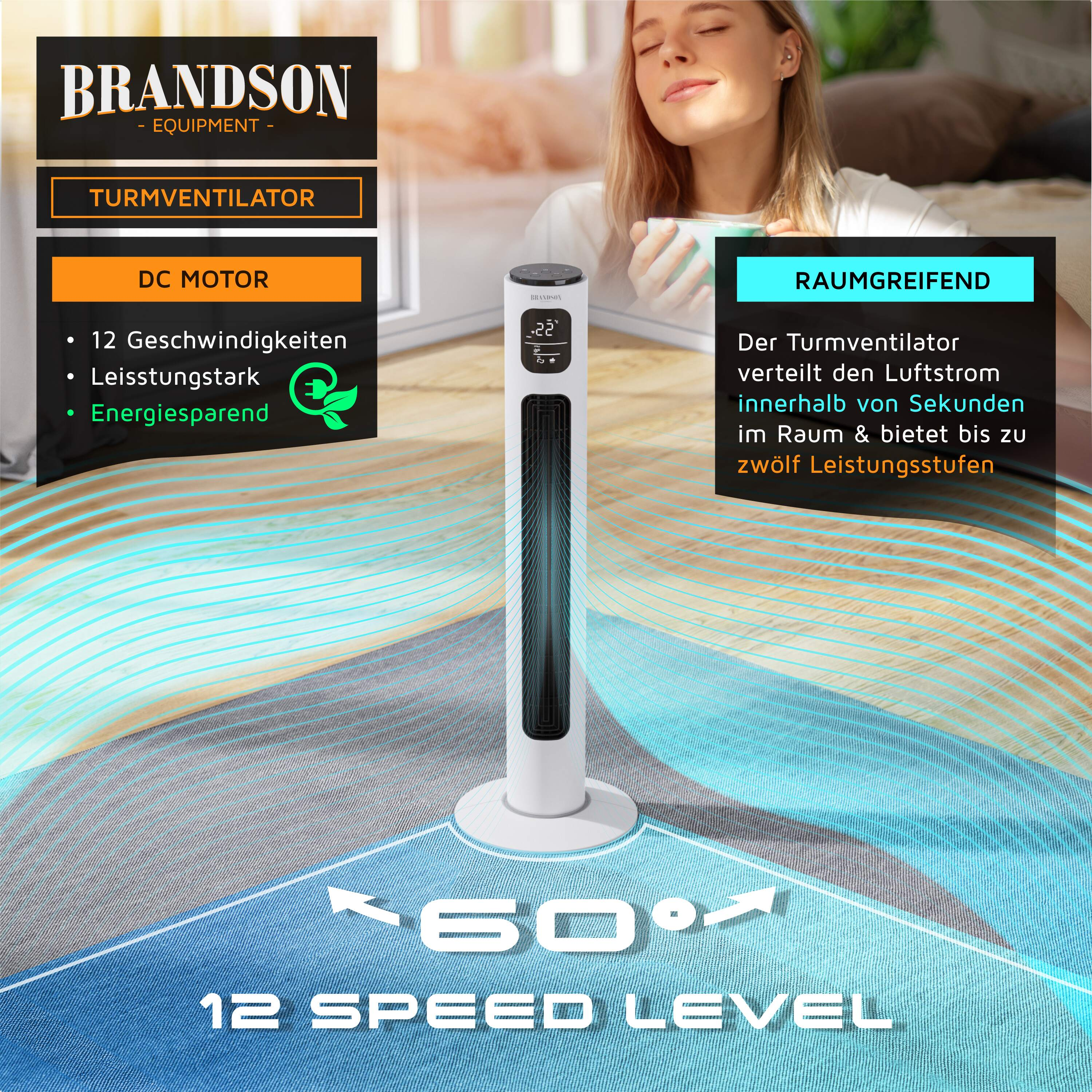Weißer Turmventilator mit Digitalanzeige und Text, der die Funktionen des Lüfters zeigt, und eine Frau.