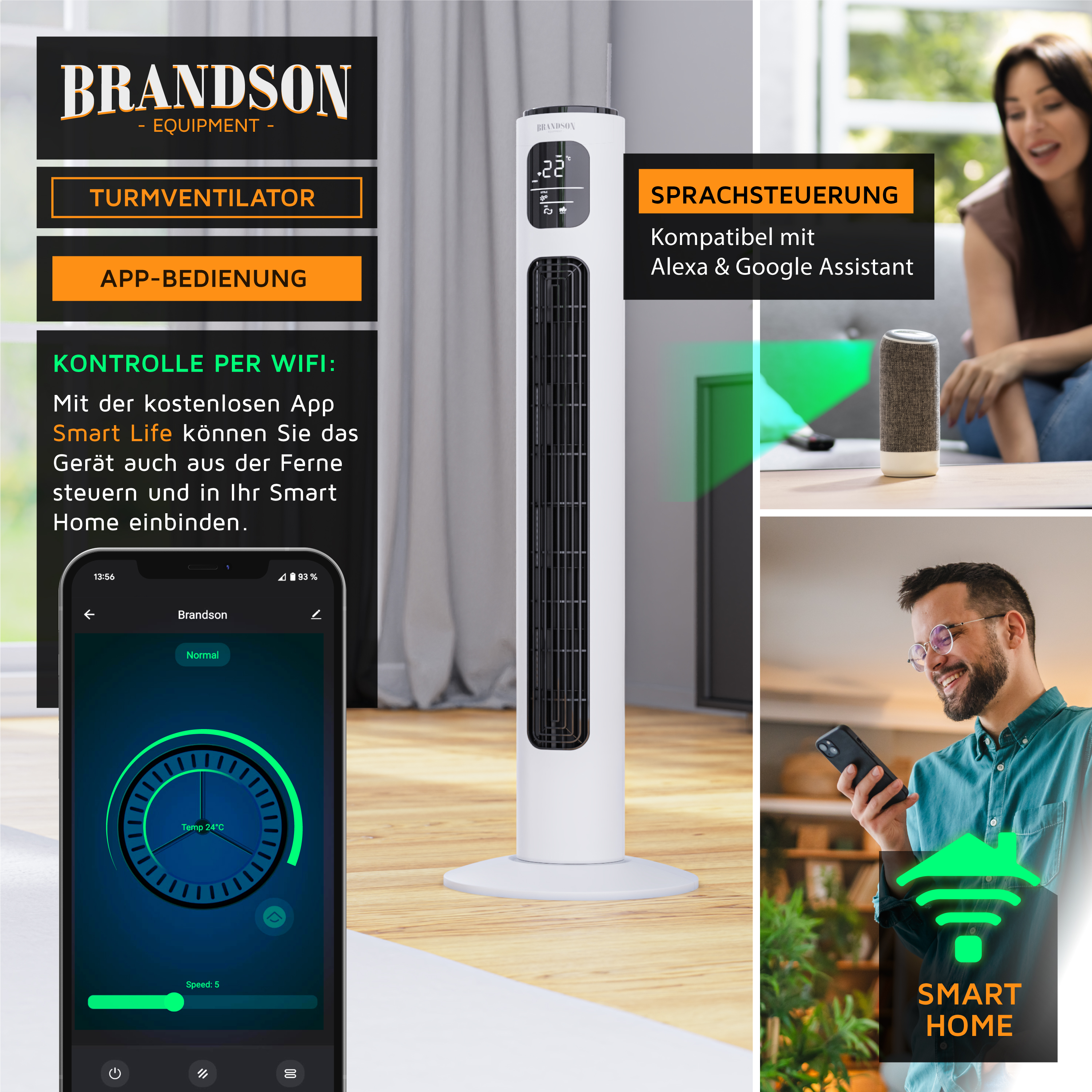 Collage mit einem weißen Turmventilator, einer Telefon-App und Personen, die Smart-Geräte verwenden.