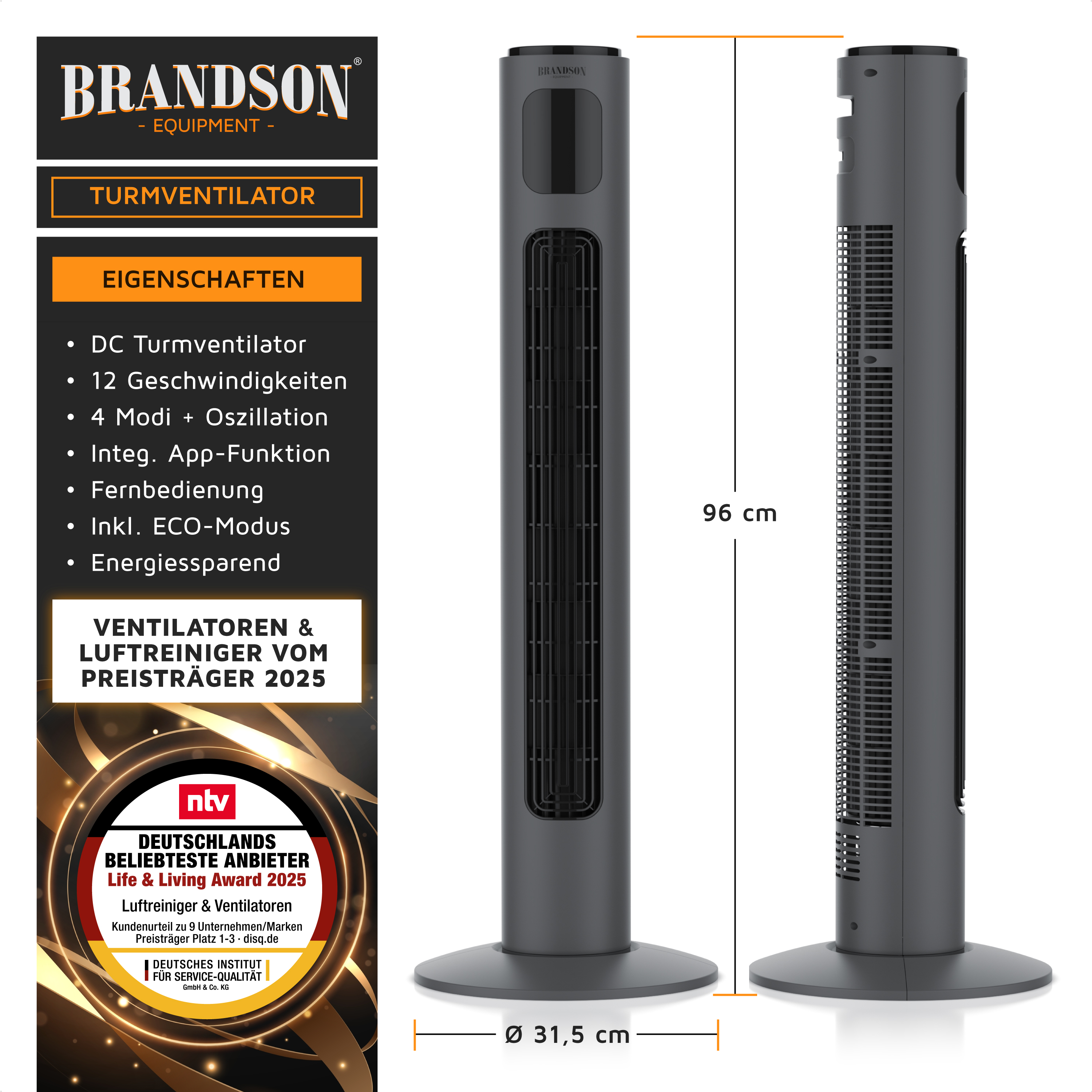 Ein grauer Turmventilator mit Höhen- und Durchmessermessungen vor einem weißen Hintergrund.