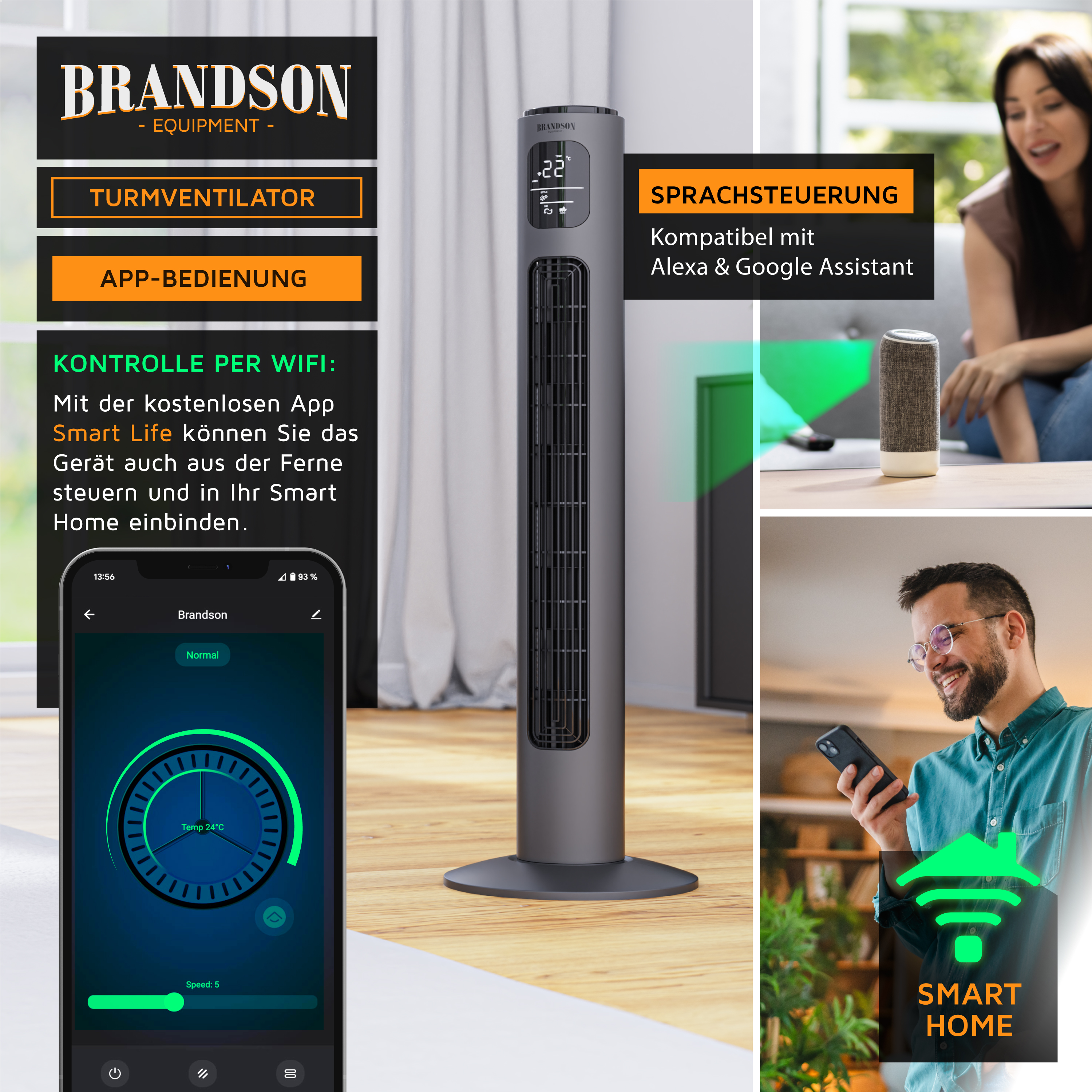 Collage aus einem grauen Turmventilator, Menschen, die Telefone benutzen, und Smart-Home-Grafiken.