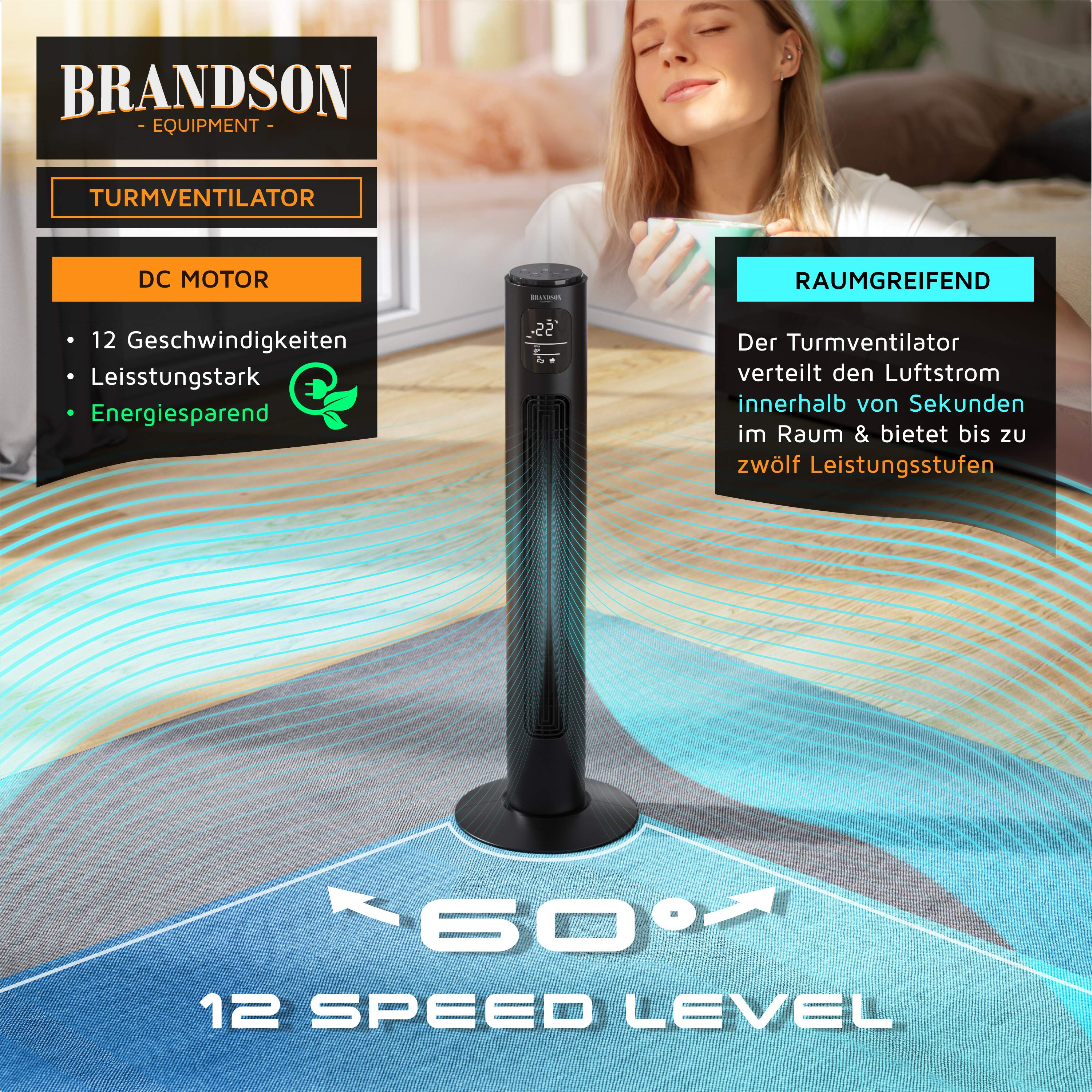 Ein schwarzer Turmventilator mit Produktdetails und einer Illustration des Luftstroms auf grauem Hintergrund.