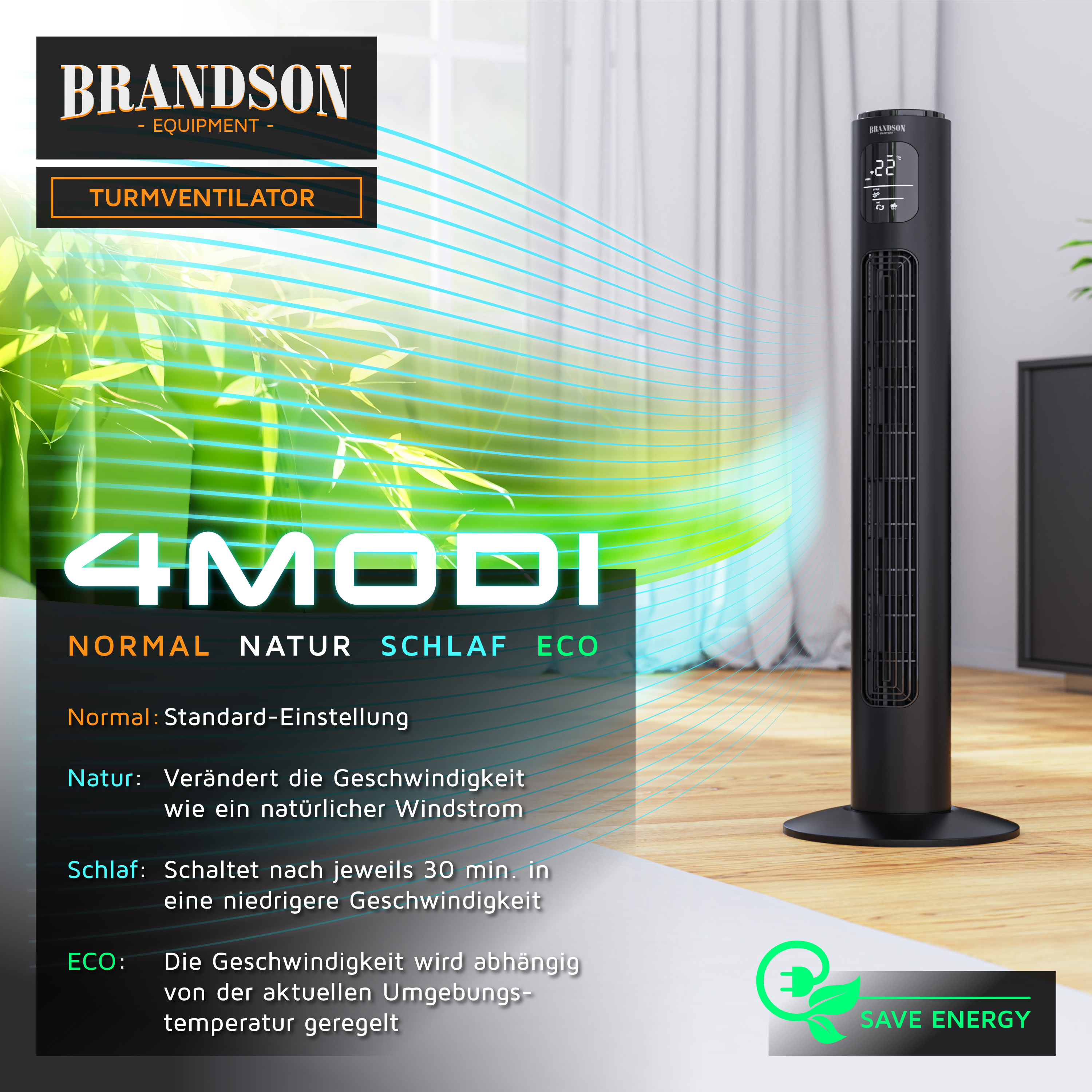 Schwarzer Turmventilator mit digitaler Anzeige, neben Text, der Funktionen wie 4 Modi und Energiesparen beschreibt.