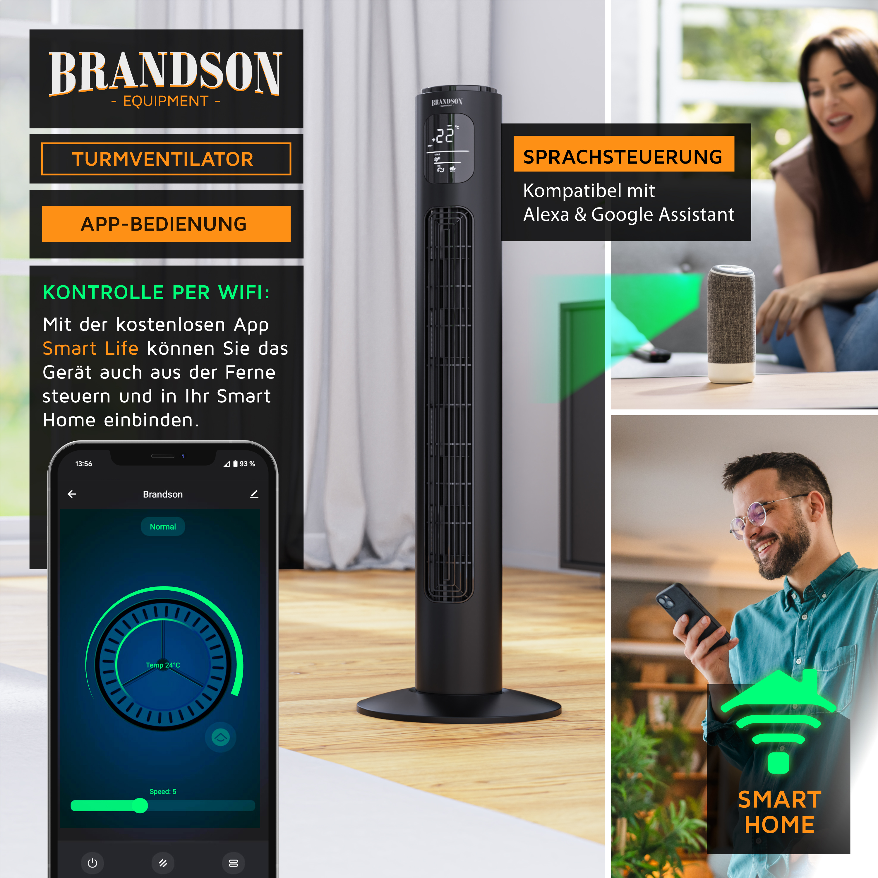 Schwarzer Turmventilator mit App-Steuerungsoberfläche und Personen, die mit Smartphones und Smart-Home-Geräten interagieren.