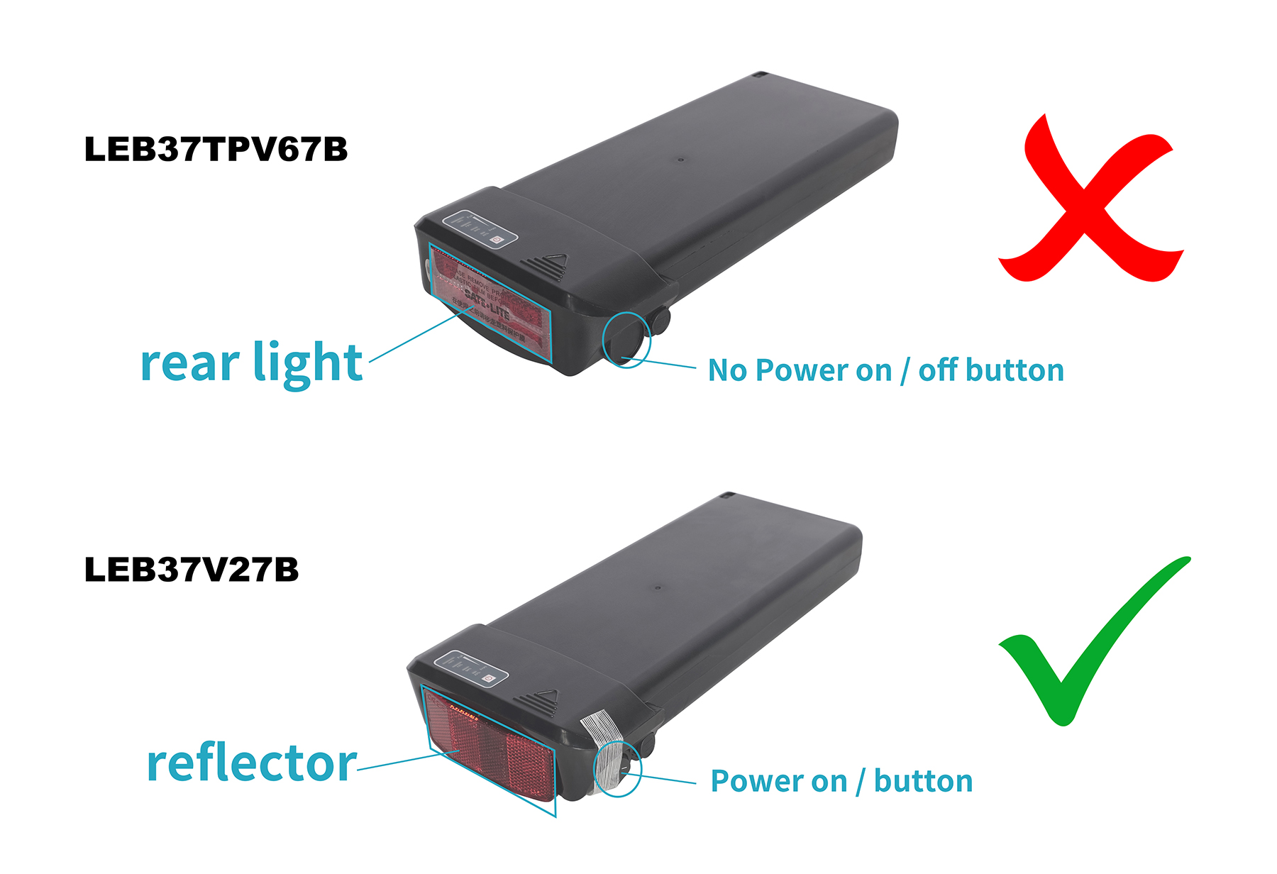 Zwei schwarze Batterien für Fahrräder. Die obere ist falsch und die untere ist richtig, mit verschiedenen Funktionen.
