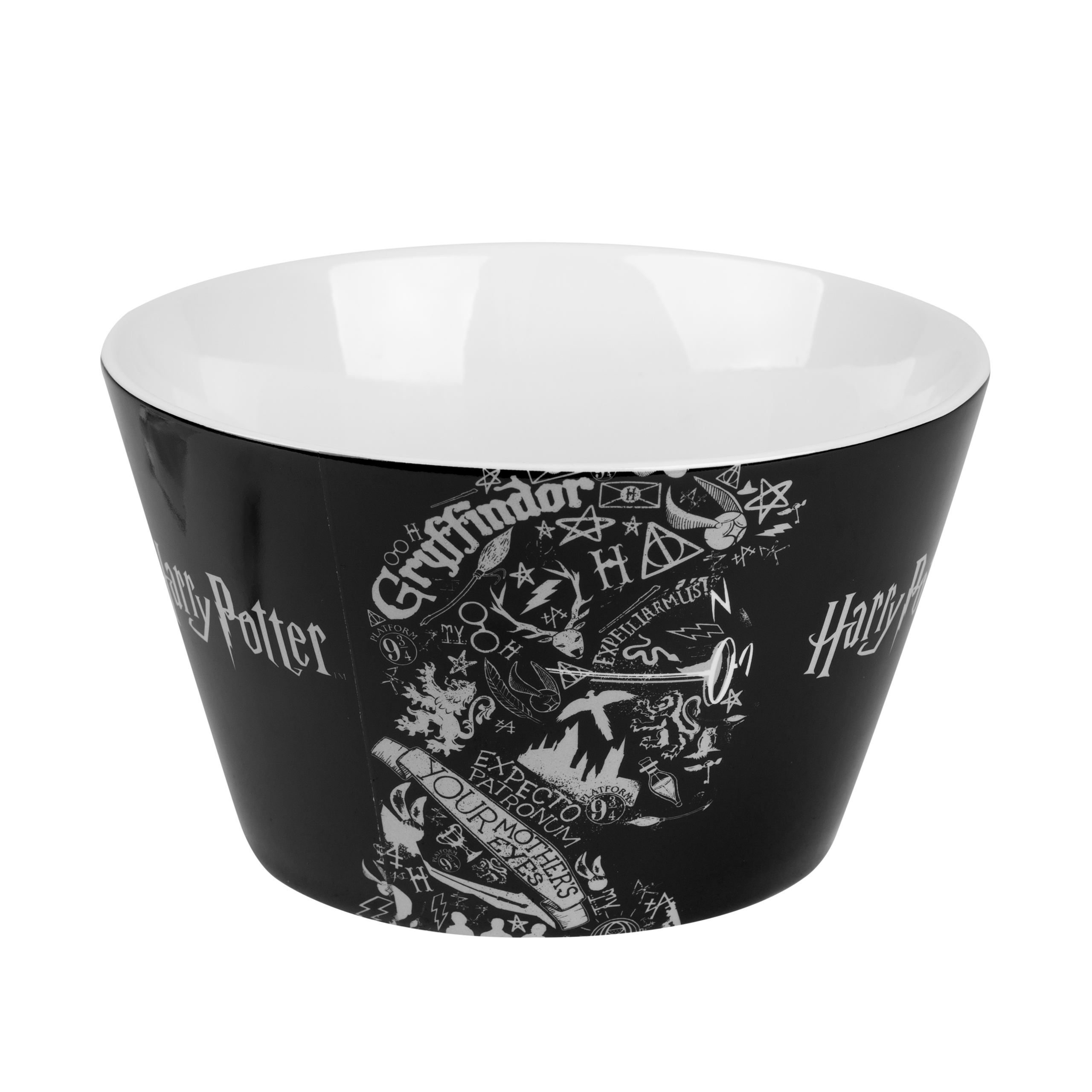 Eine schwarze Harry Potter Schüssel mit weißem Innenraum, mit einem Harry Potter Design.