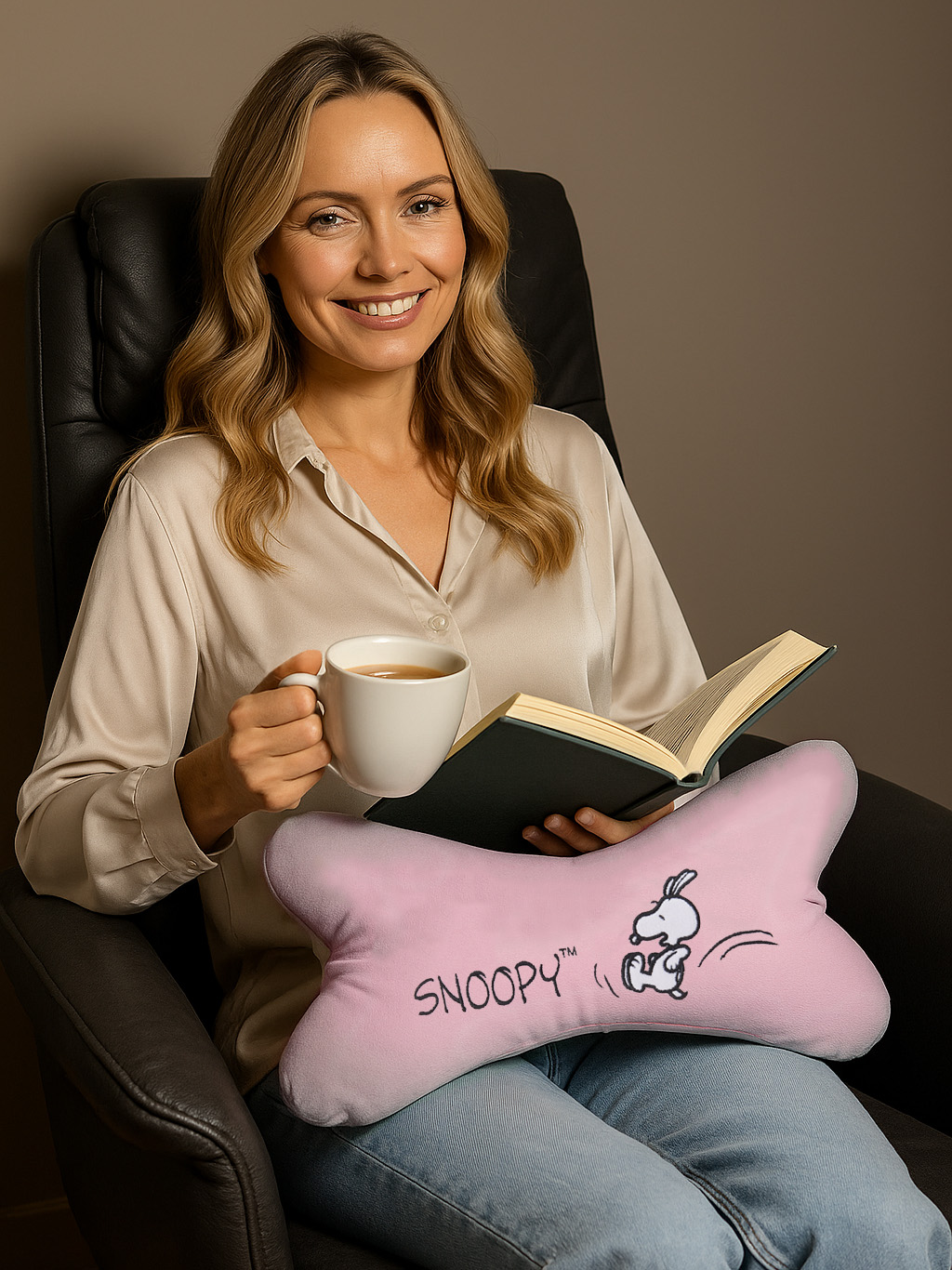 Eine lächelnde Frau liest ein Buch und hält eine Tasse. Auf ihrem Schoß liegt ein Snoopy-Kissen. Sie sitzt in einem schwarzen Stuhl.
