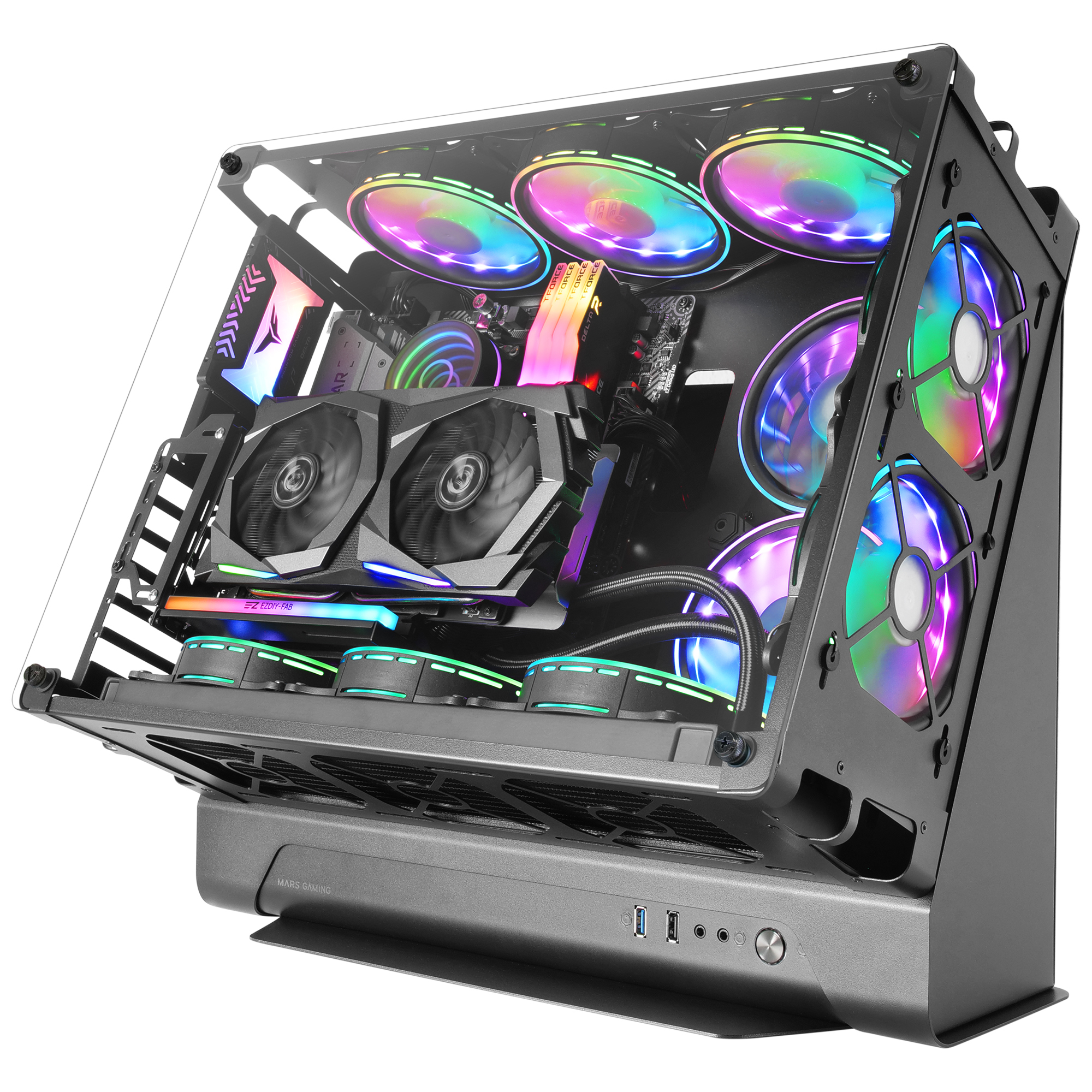 Case per computer aperto con componenti all'interno. Ventole RGB, schede grafiche e hardware visibili.