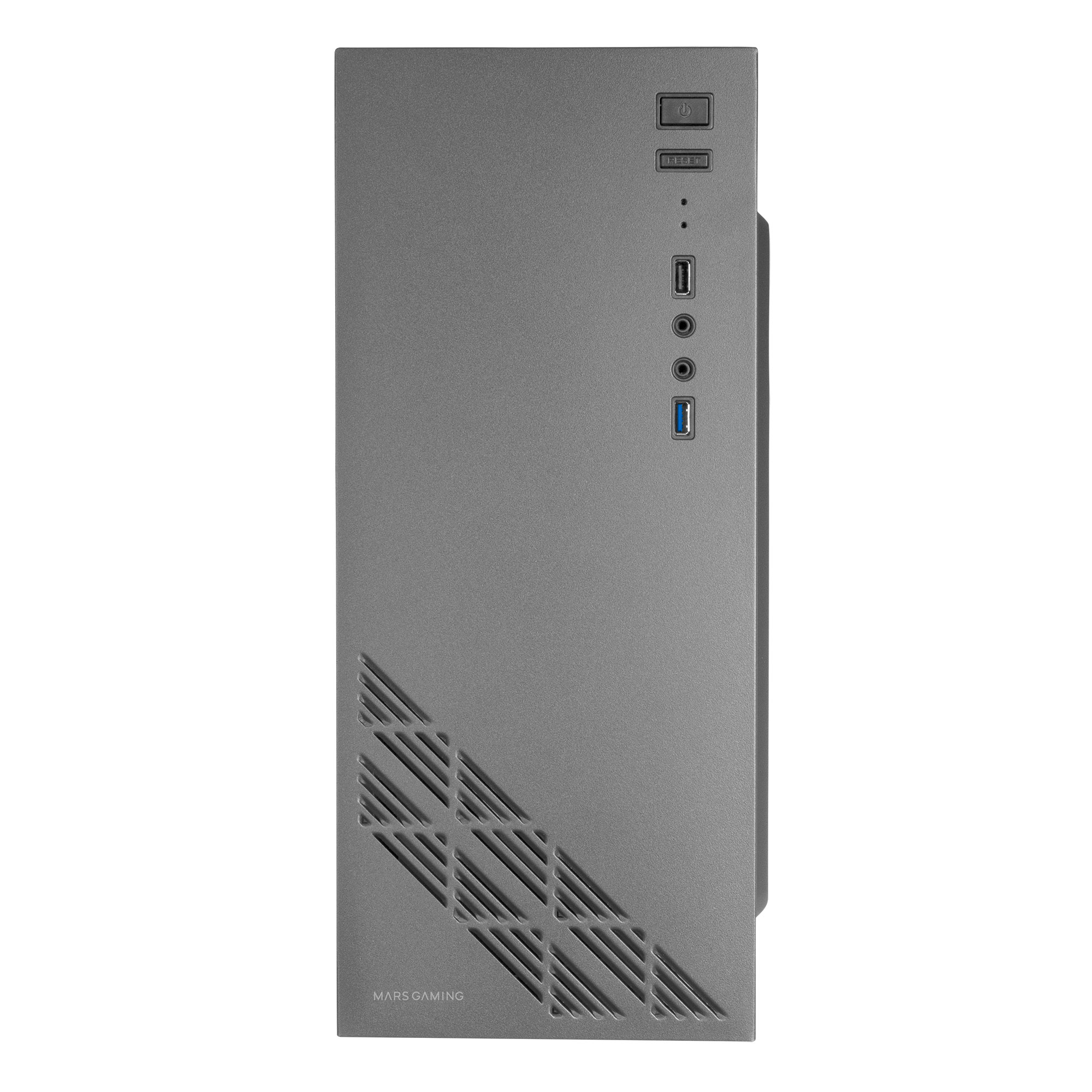 Case grigio per computer con pulsante di accensione, porte USB e prese d'aria. Logo MARS GAMING in basso.