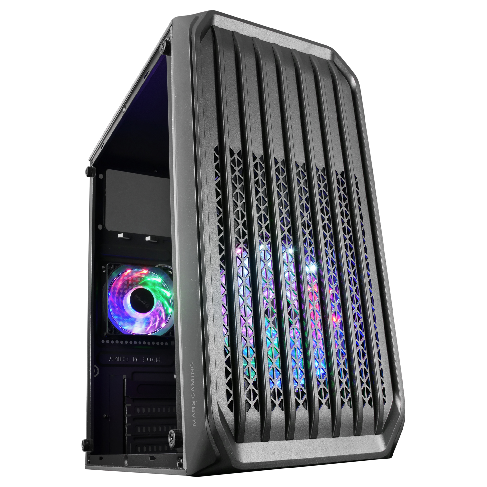Case nero per computer con pannello frontale con fessure verticali e illuminazione RGB. Logo MARS GAMING.