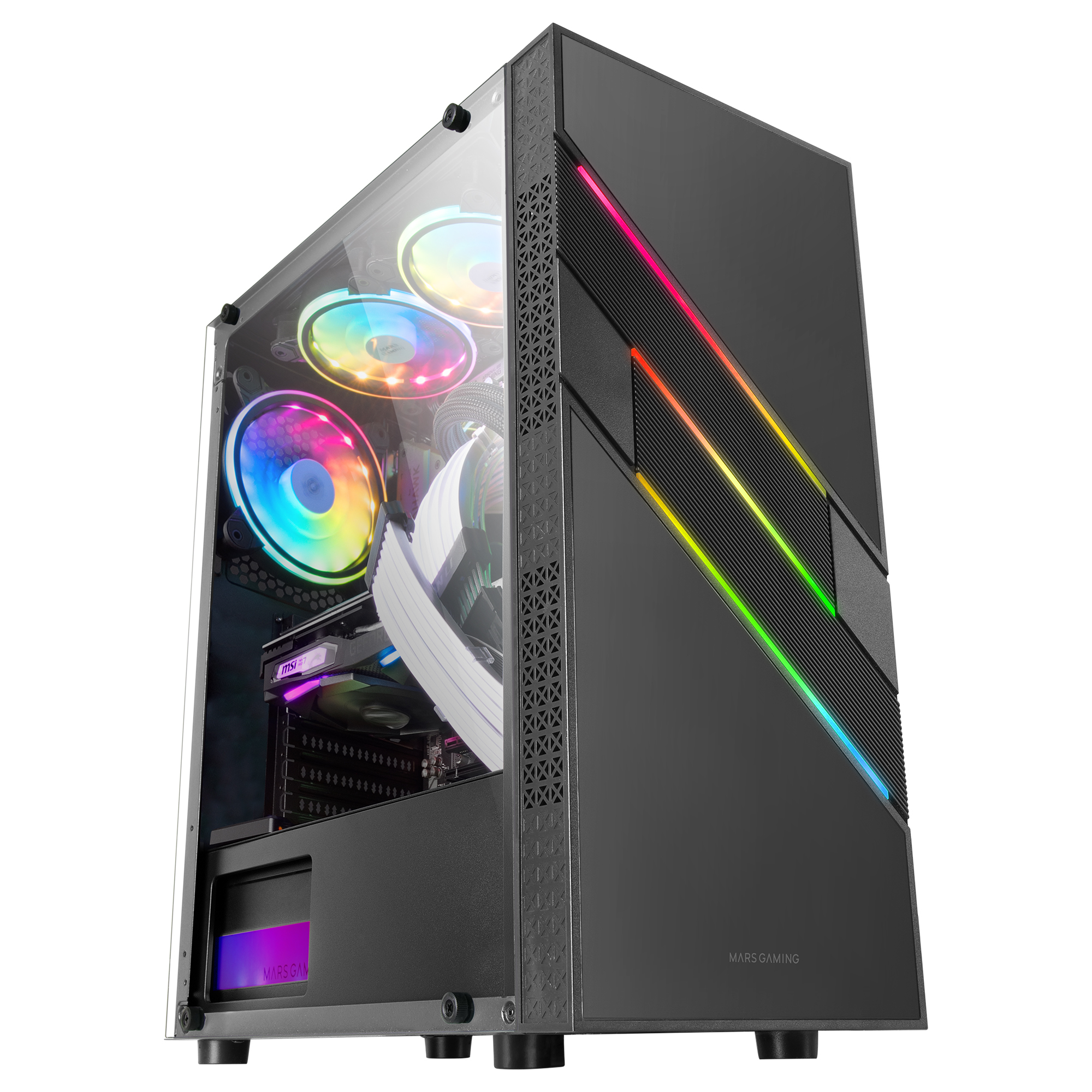 Case PC nero con pannello laterale in vetro, molte ventole e luci RGB, logo MARS GAMING.