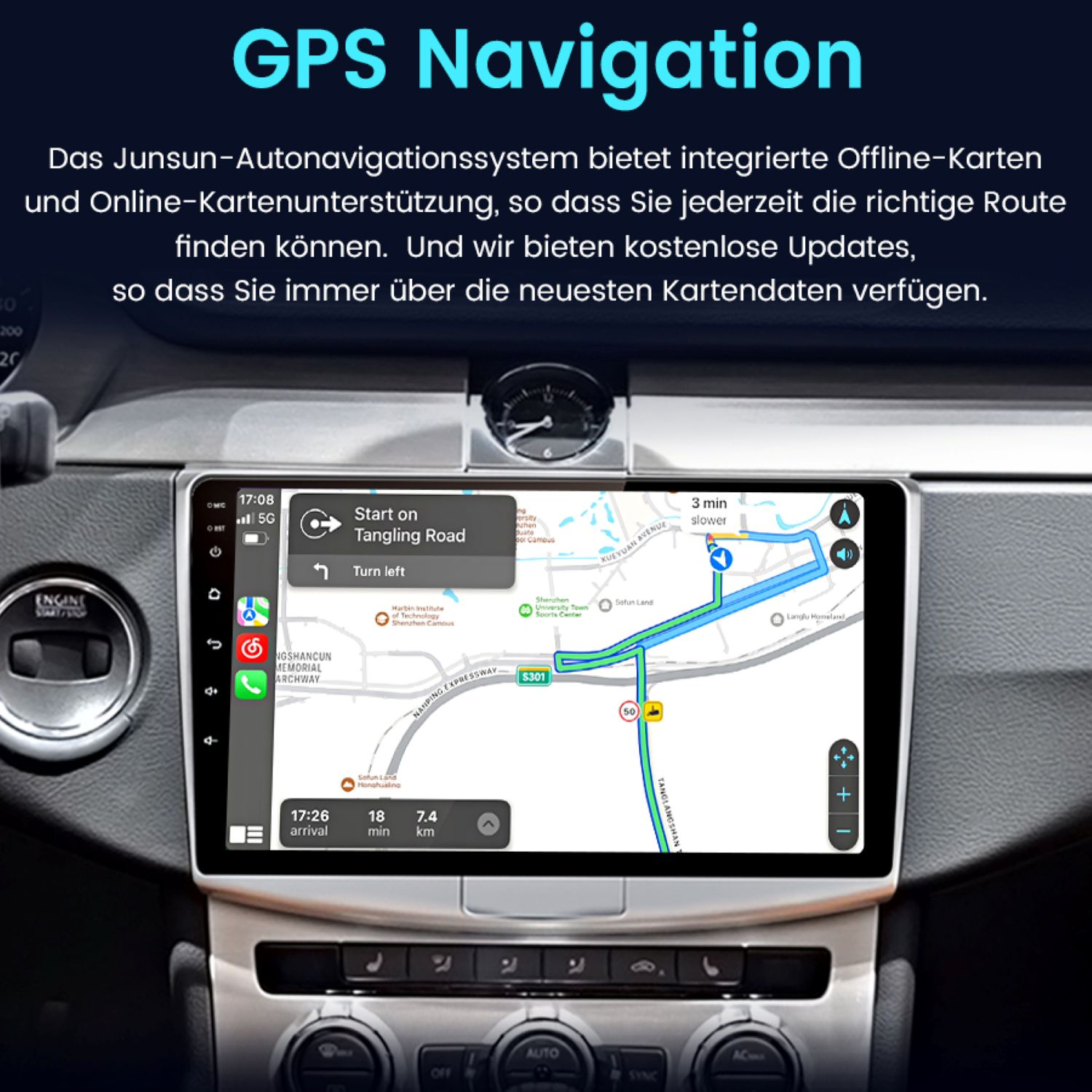 Autotafel mit GPS-Navigation, die eine Routenkarte zeigt. Anzeige zeigt Zeit, Entfernung und Abbiegerichtungen.