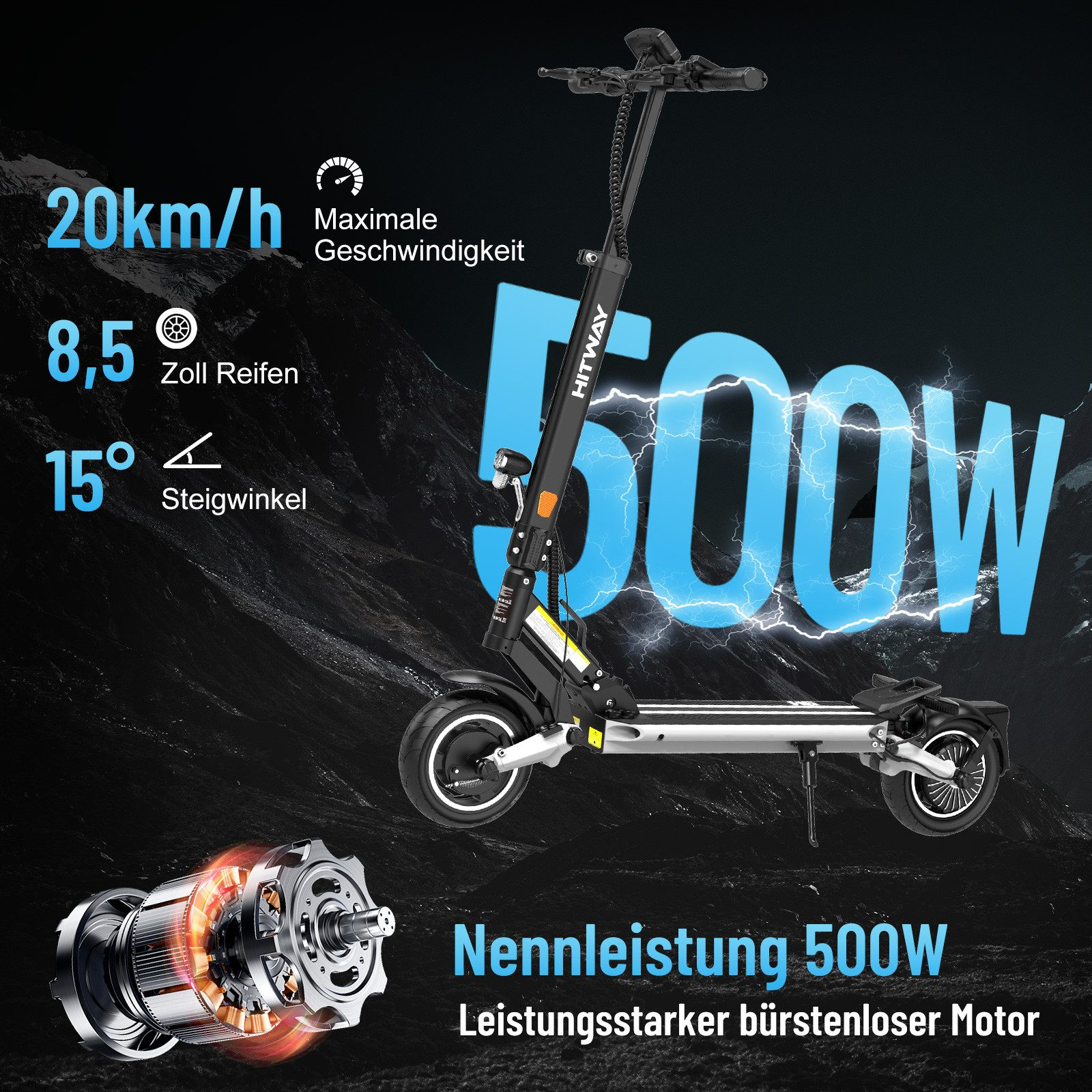 Trottinette électrique avec spécifications: vitesse maximale de 20 km/h, pneus de 8,5 pouces et inclinaison de 15°. Dispose d'un moteur de 500 W et d'une image détaillée du moteur.