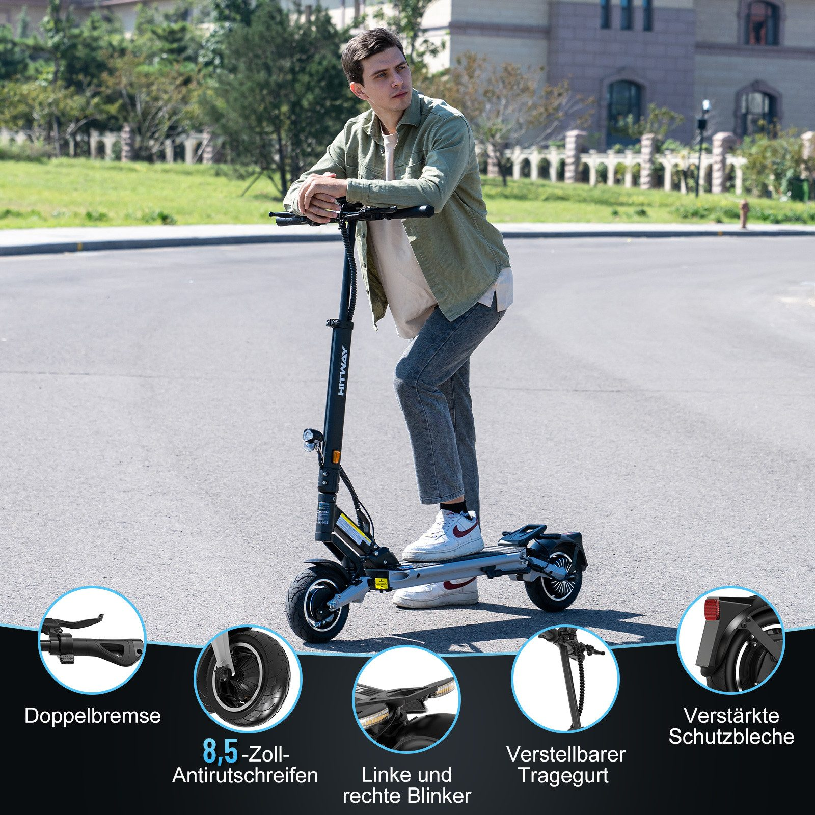Un homme se tient avec une trottinette électrique, présentant ses caractéristiques: freins doubles, pneus de 8,5 pouces et clignotants. Inclut des fonctions réglables.