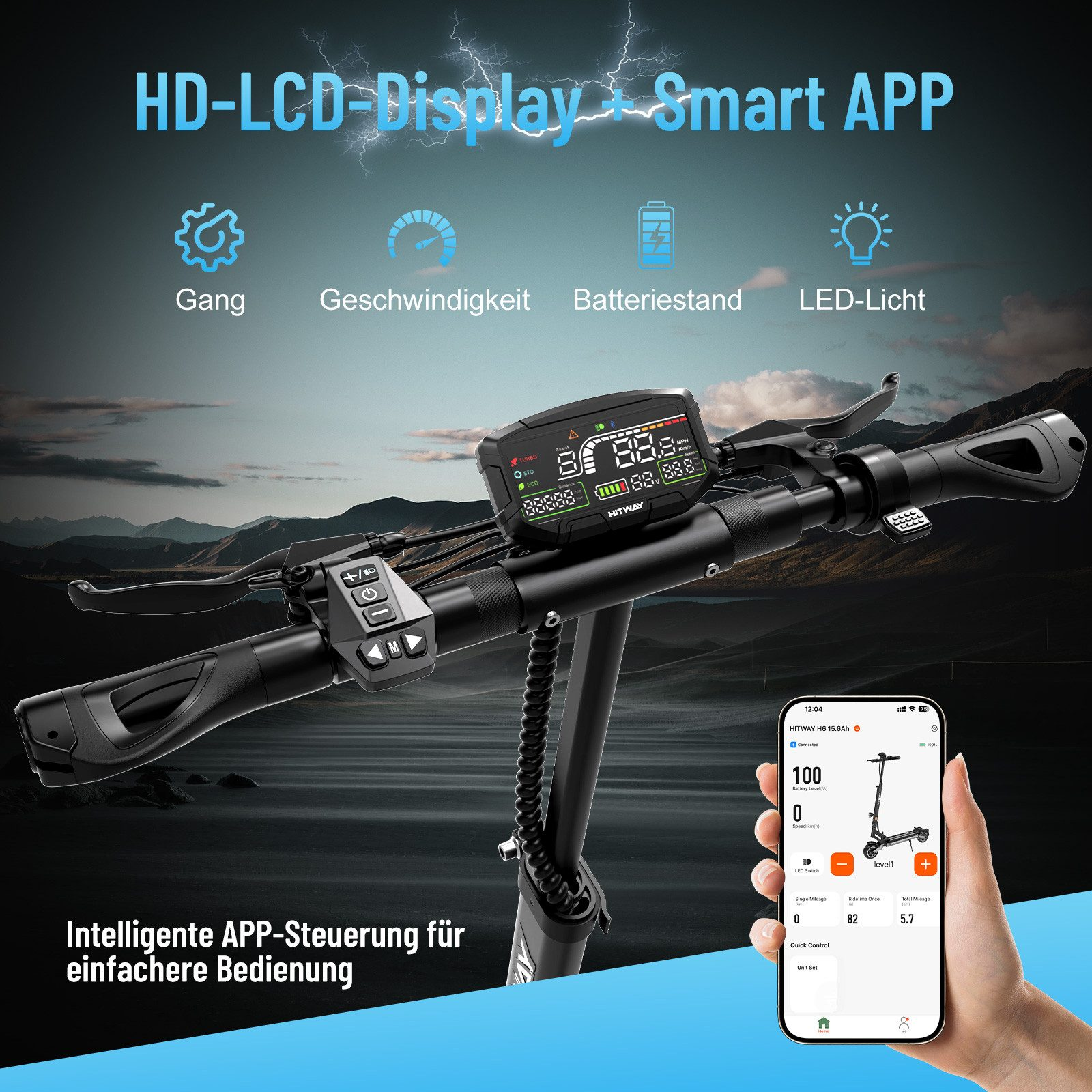 Affichage HD-LCD et contrôle par application intelligente du scooter électrique. Les fonctionnalités incluent le rapport, la vitesse, le niveau de batterie et la lumière LED, contrôlés par l'application.