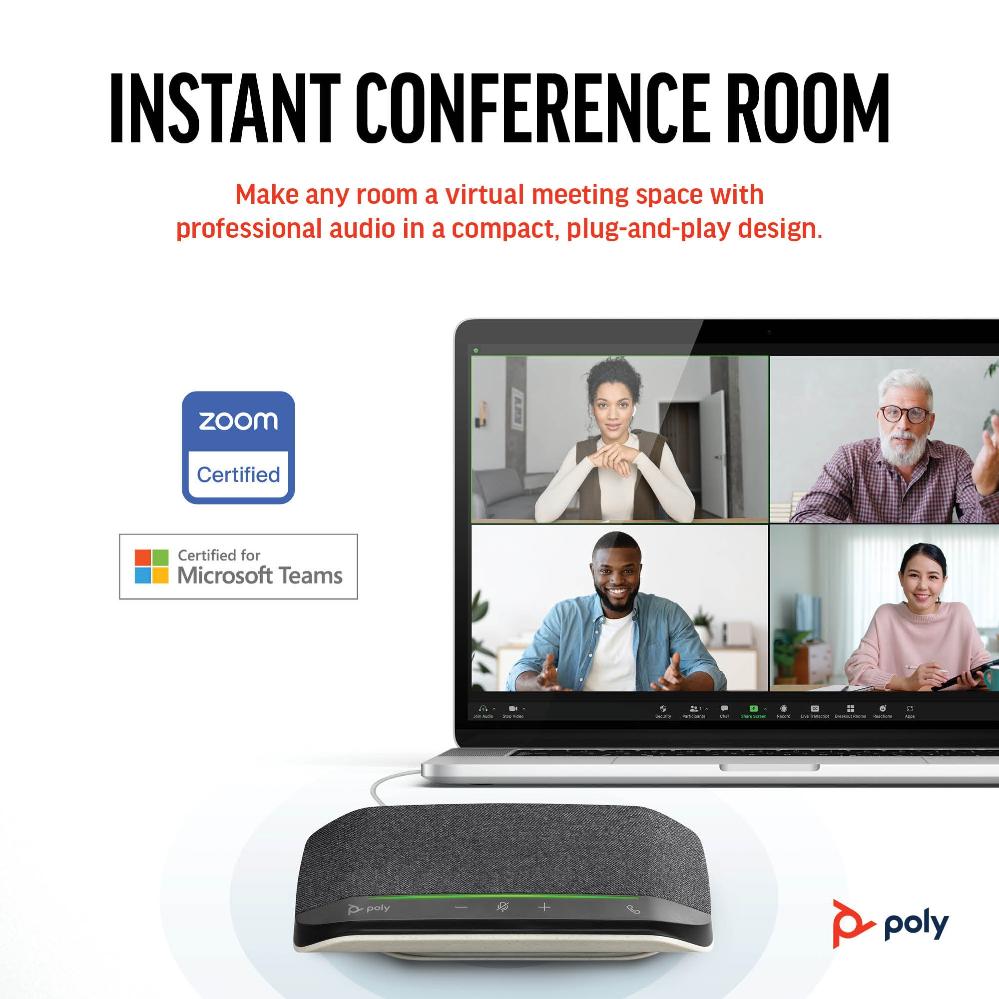 Lo schermo di un laptop mostra una videoconferenza. Un altoparlante è in primo piano. Il testo dice sala conferenze istantanea.