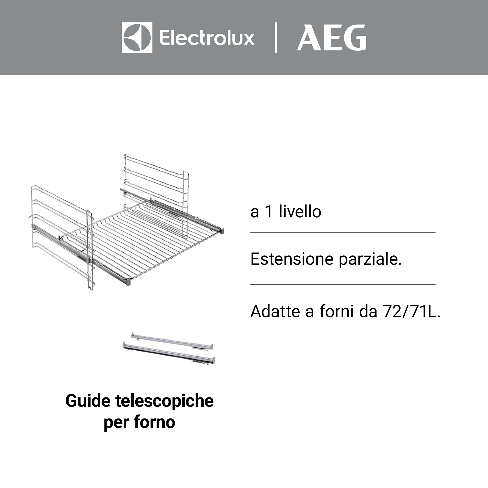 Diagrama de guías telescópicas para horno, con texto en italiano y logotipos de Electrolux y AEG.