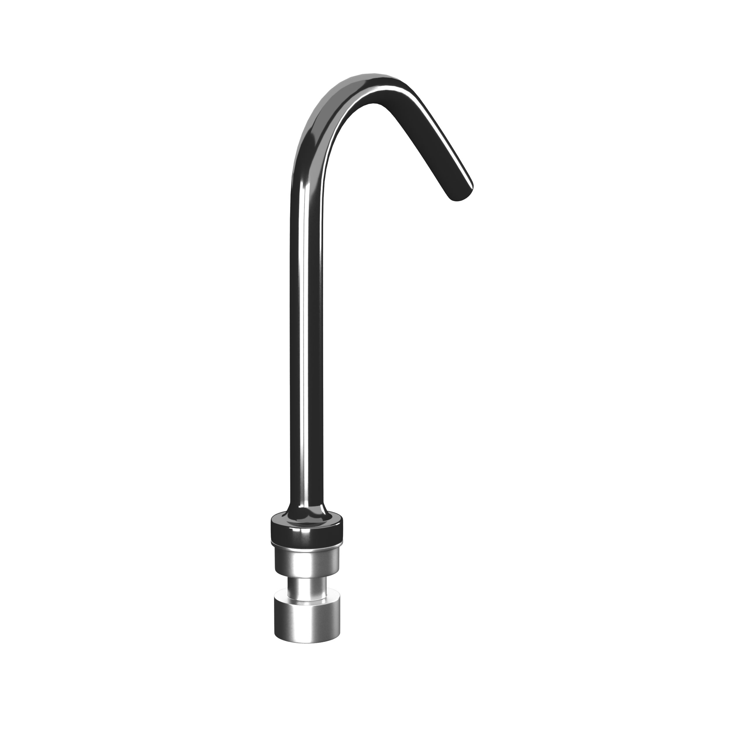 A chrome faucet with a curved spout is on a white background. It has a cylindrical base.