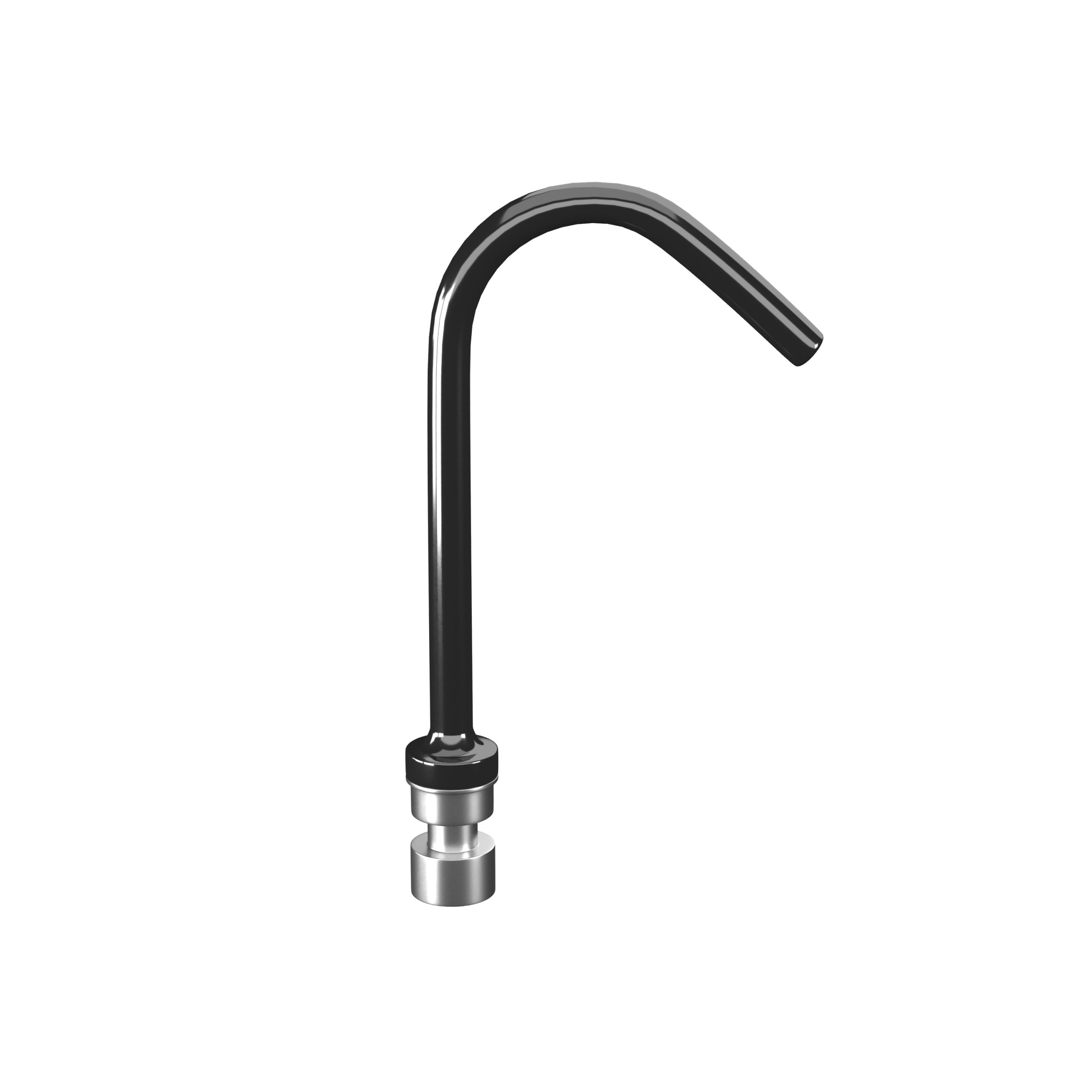 A black faucet with a curved spout on a white background. It has a cylindrical base.