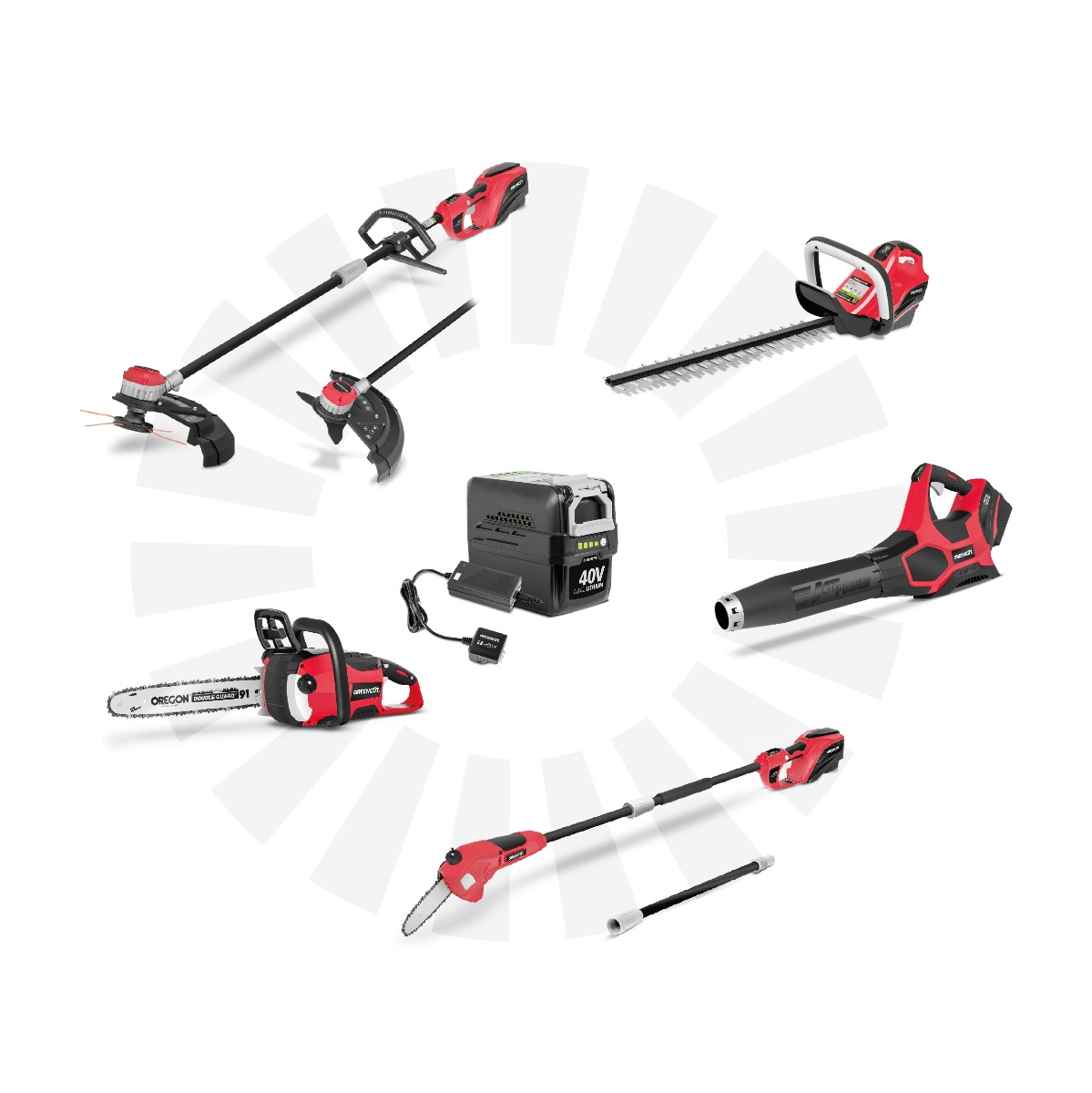 Varias herramientas eléctricas rojas y negras sobre fondo blanco. Incluye un recortador, motosierra, cortasetos, soplador y una batería.
