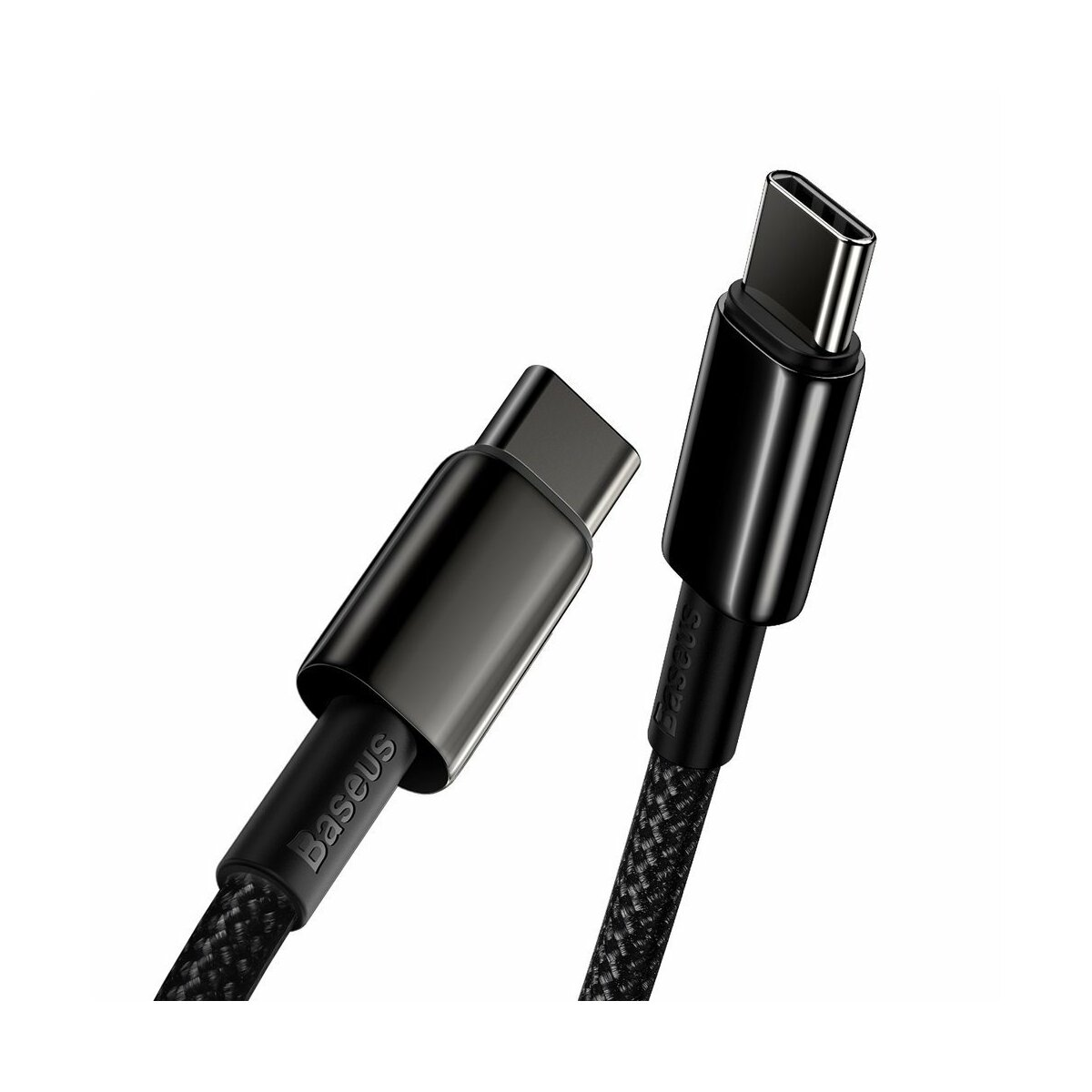 Two black USB-C cables. One is angled left, showing the Baseus logo. The other is angled right. Both are on a white background.