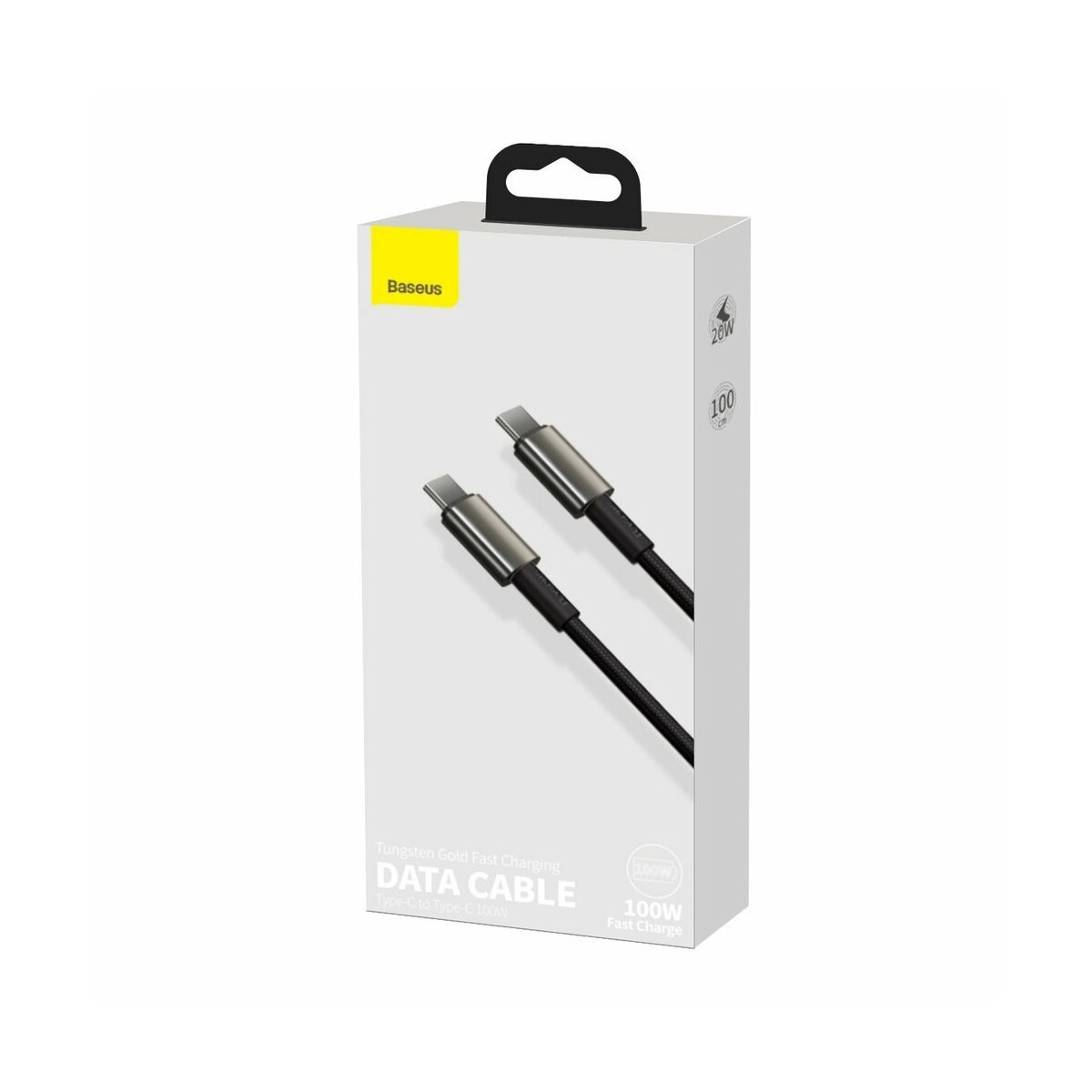 A Baseus data cable in a white box, black cable, silver connectors, and product details on the box.