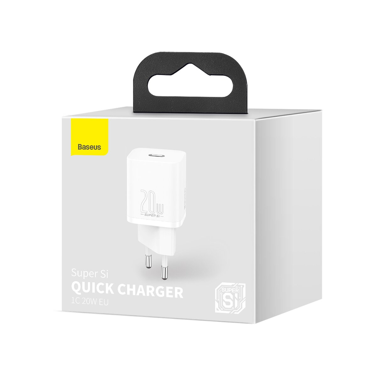 Białe pudełko Baseus Quick Charger. Ma czarny uchwyt, białą ładowarkę i tekst wskazujący, że jest to ładowarka 20W.