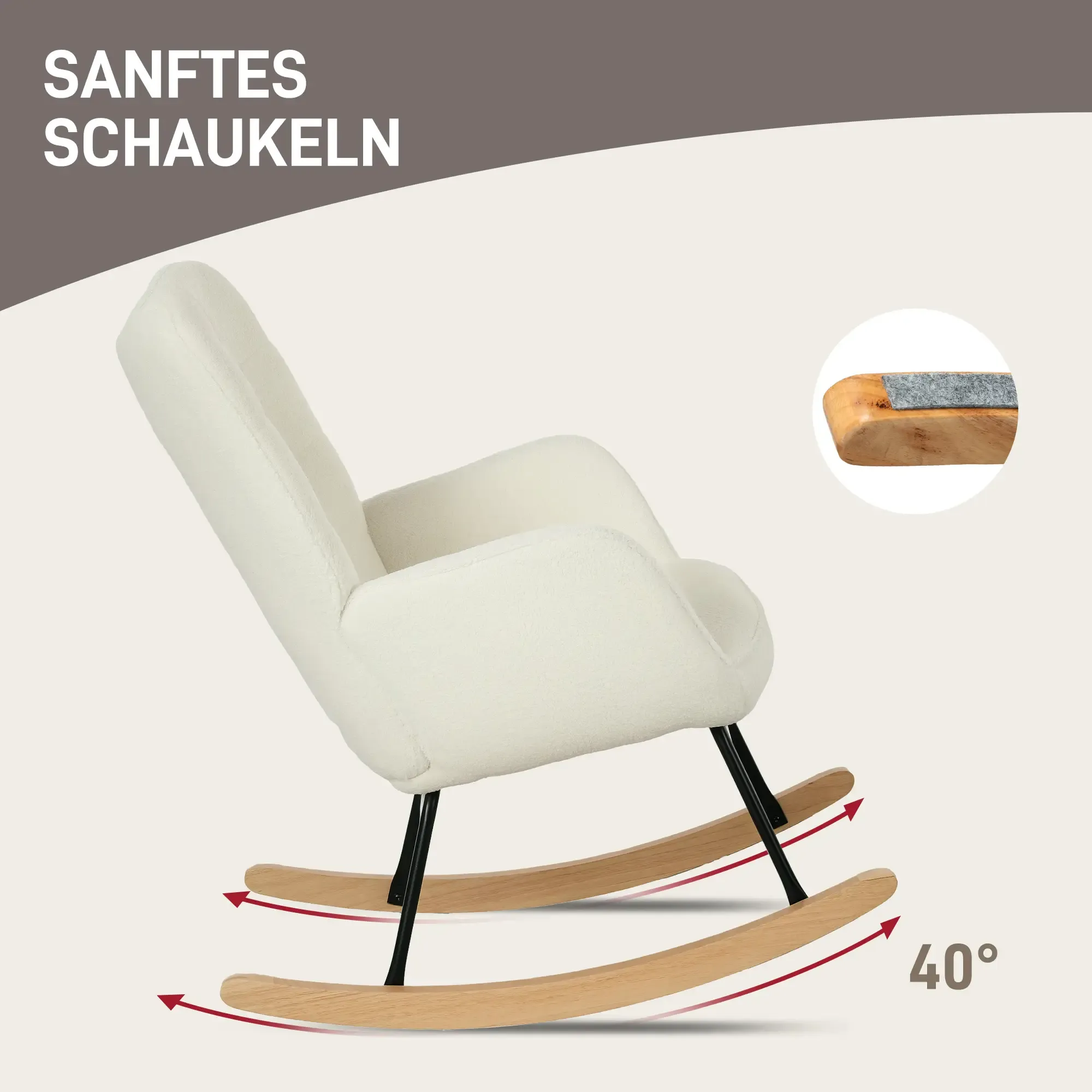 Cremefarbener Schaukelstuhl mit schwarzen Beinen und Holzschaukeln. Der Winkel beträgt 40 Grad. Nahaufnahme zeigt Details.