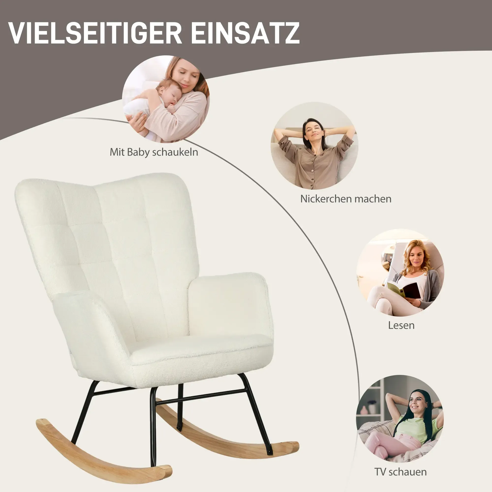 Ein weißer Schaukelstuhl mit schwarzem Rahmen und Holzschaukeln. Zeigt Personen, die den Stuhl für Babys, Entspannung, Lesen und Fernsehen benutzen.