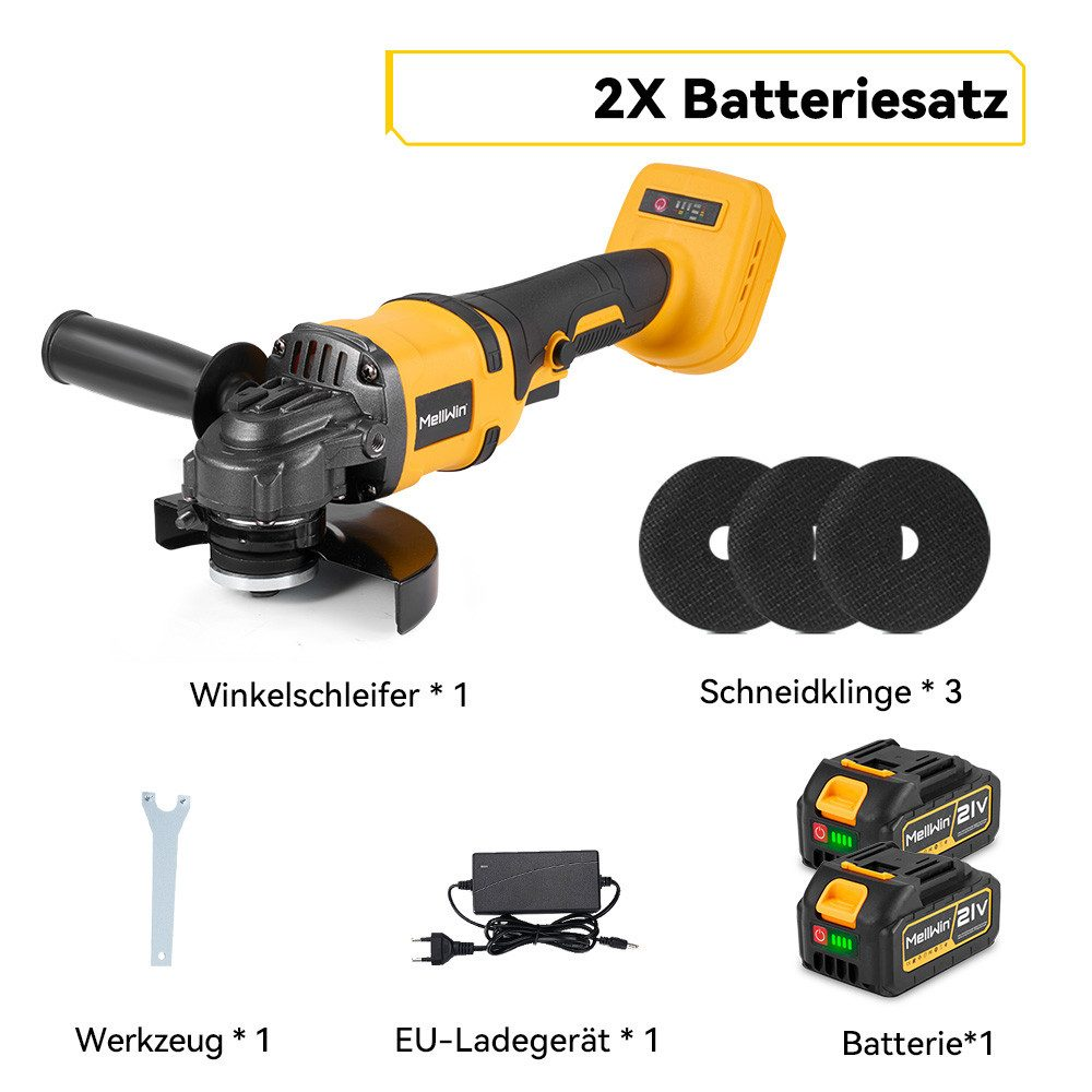 Ein Werkzeugsatz mit Winkelschleifer, Klingen, Batterien, Ladegerät und Schraubenschlüssel. Das Set ist auf weißem Hintergrund.
